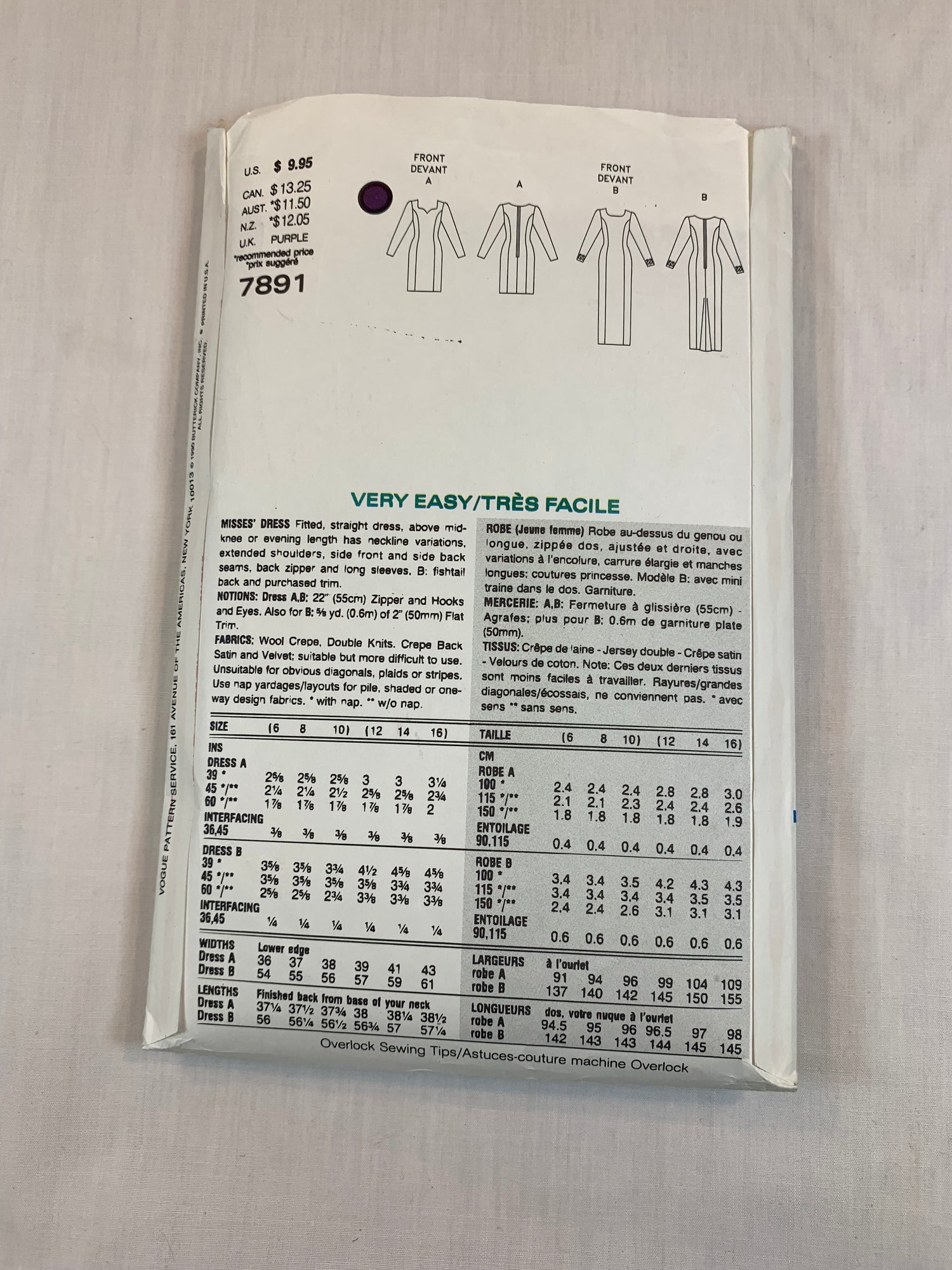 Vogue 7891, Misses' Dress, Size 12-14, Cut, Vintage 1990