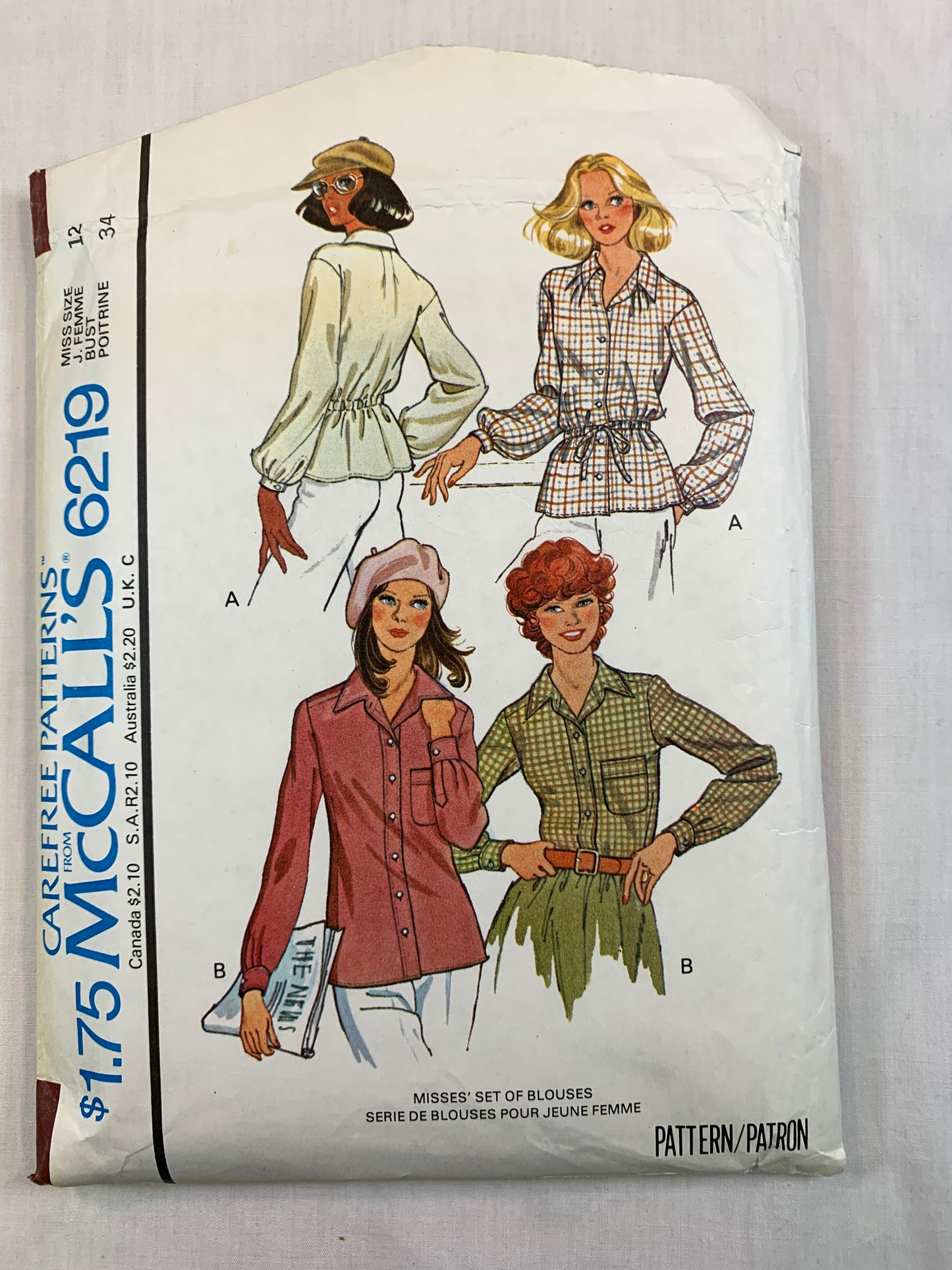 McCall's 6219 Misses' Blouse, Size 12, Cut, Vintage 1978