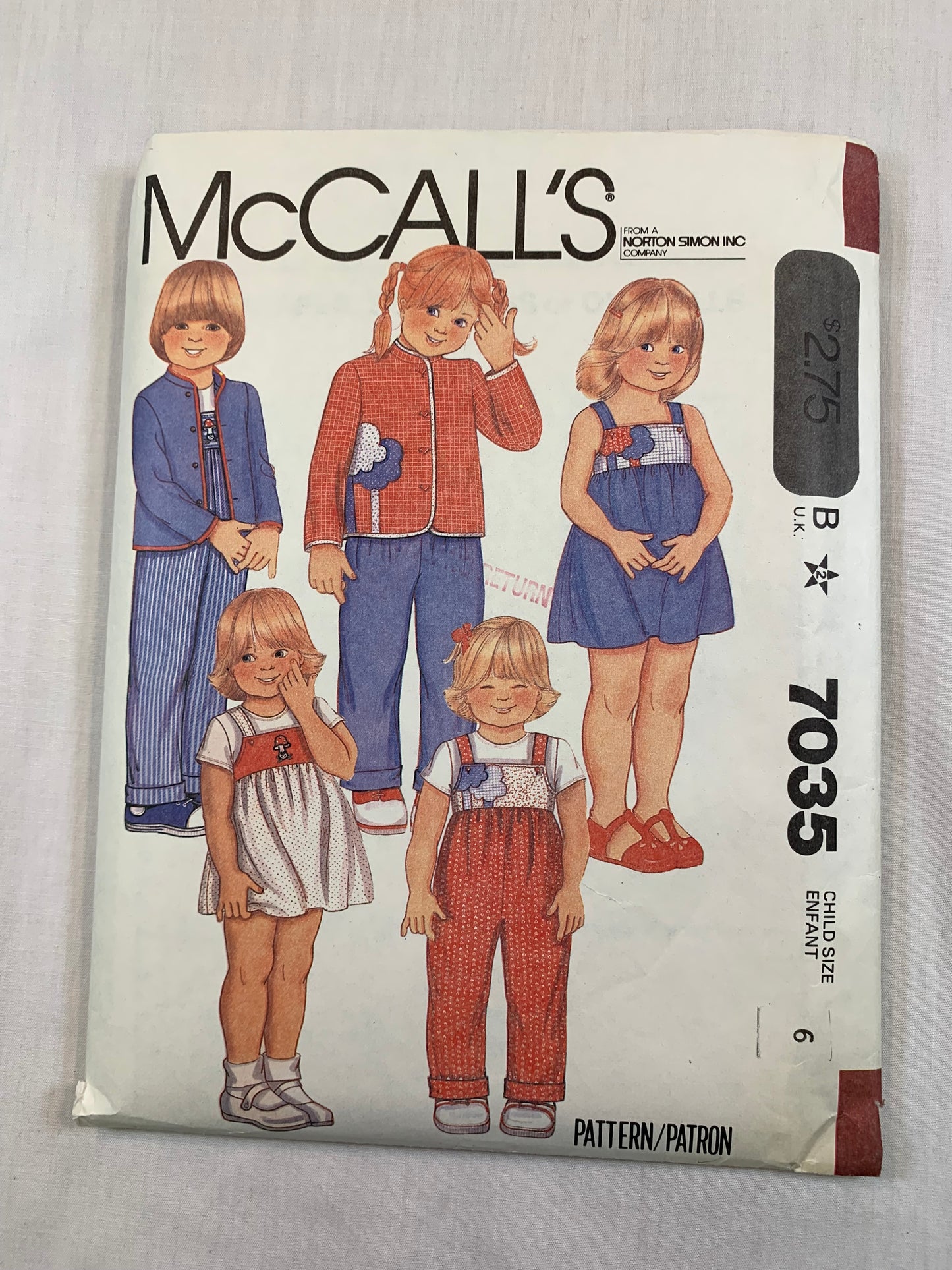 McCall's 7035 Girls' Jacket, Jumper, Sundress, Overalls, Appliques, Shoulder Straps, Size 6, Cut, Vintage 1980