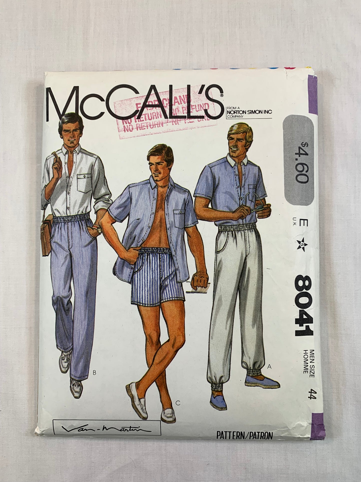 McCall's 8041 Men's, Shirt, Pants, Shorts, Size 44, Cut, Vintage 1982