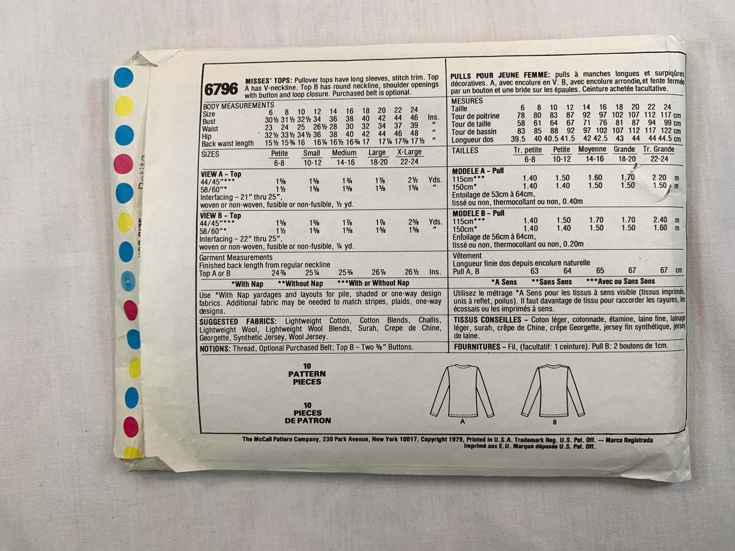 McCall's 6796 Misses' Tops, Size 6-8, Cut, Vintage 1979