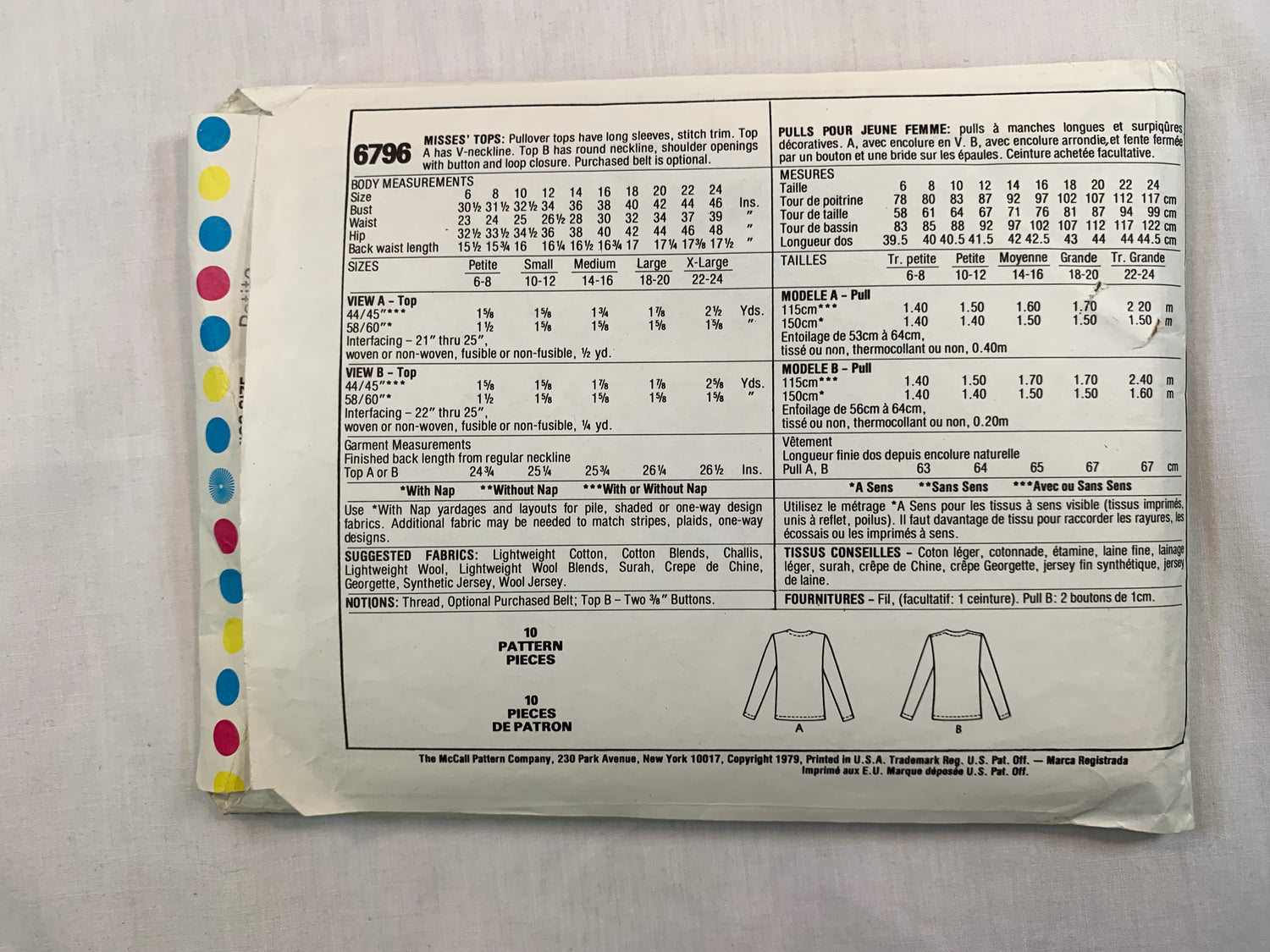 McCall's 6796 Misses' Tops, Size 6-8, Cut, Vintage 1979