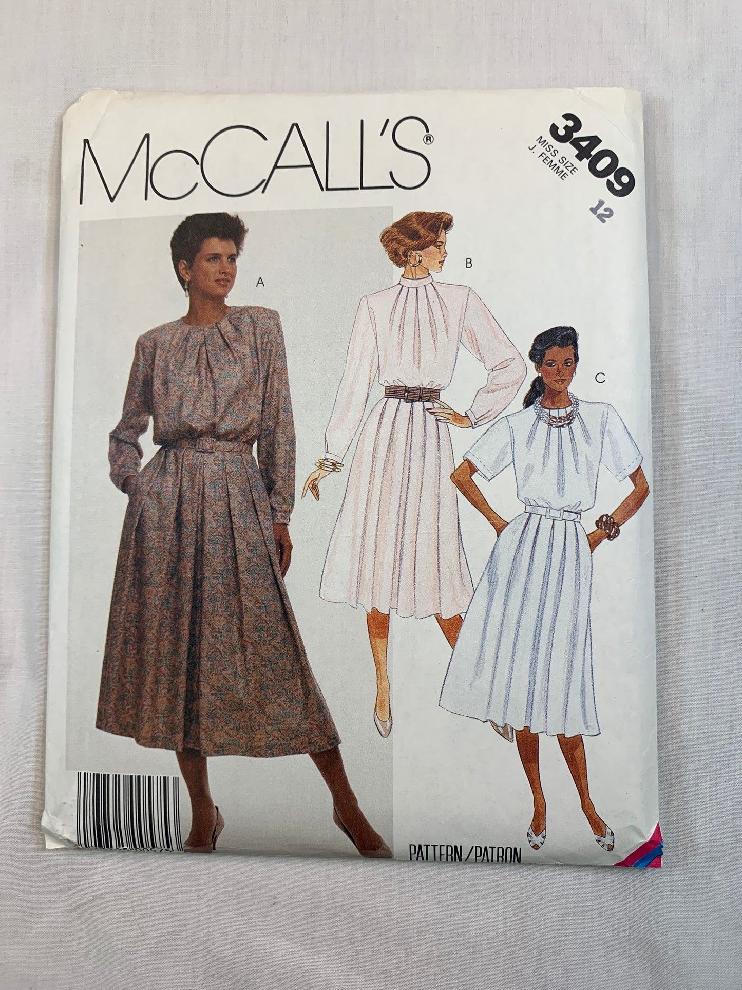 McCall's 3409 Misses' Dress, Belt, Size 12, Cut, Vintage 1987