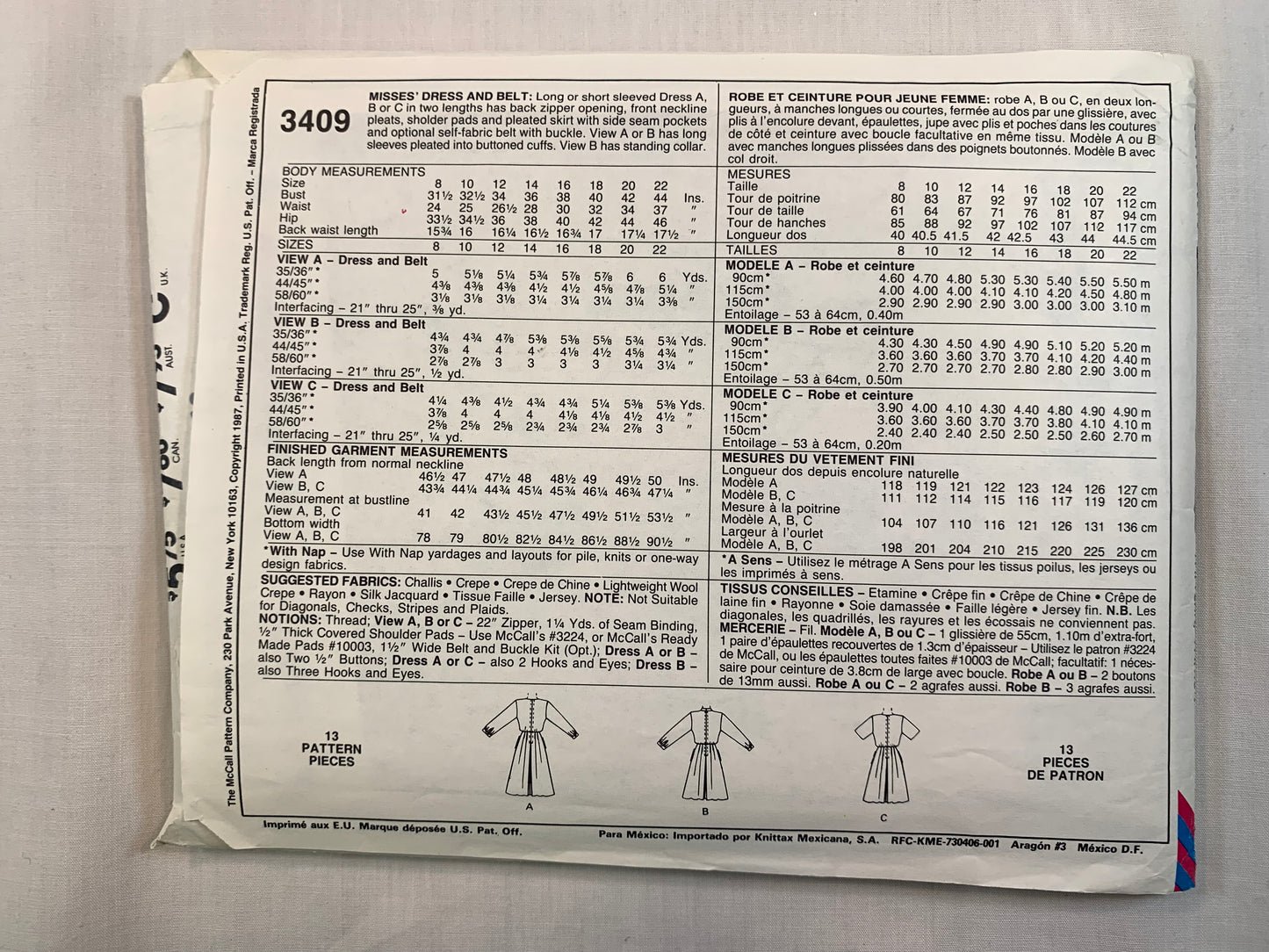 McCall's 3409 Misses' Dress, Belt, Size 12, Cut, Vintage 1987