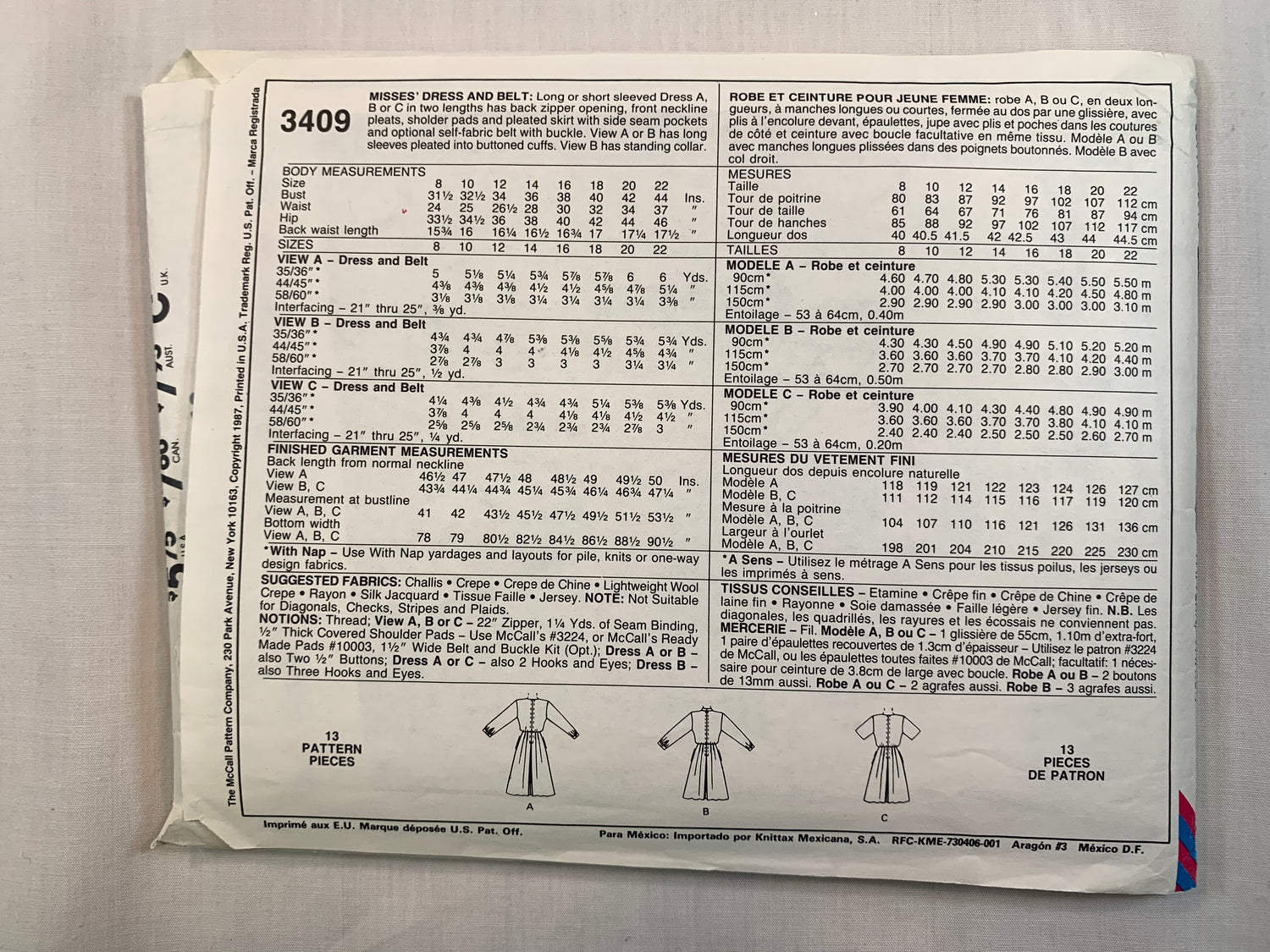 McCall's 3409 Misses' Dress, Belt, Size 12, Cut, Vintage 1987