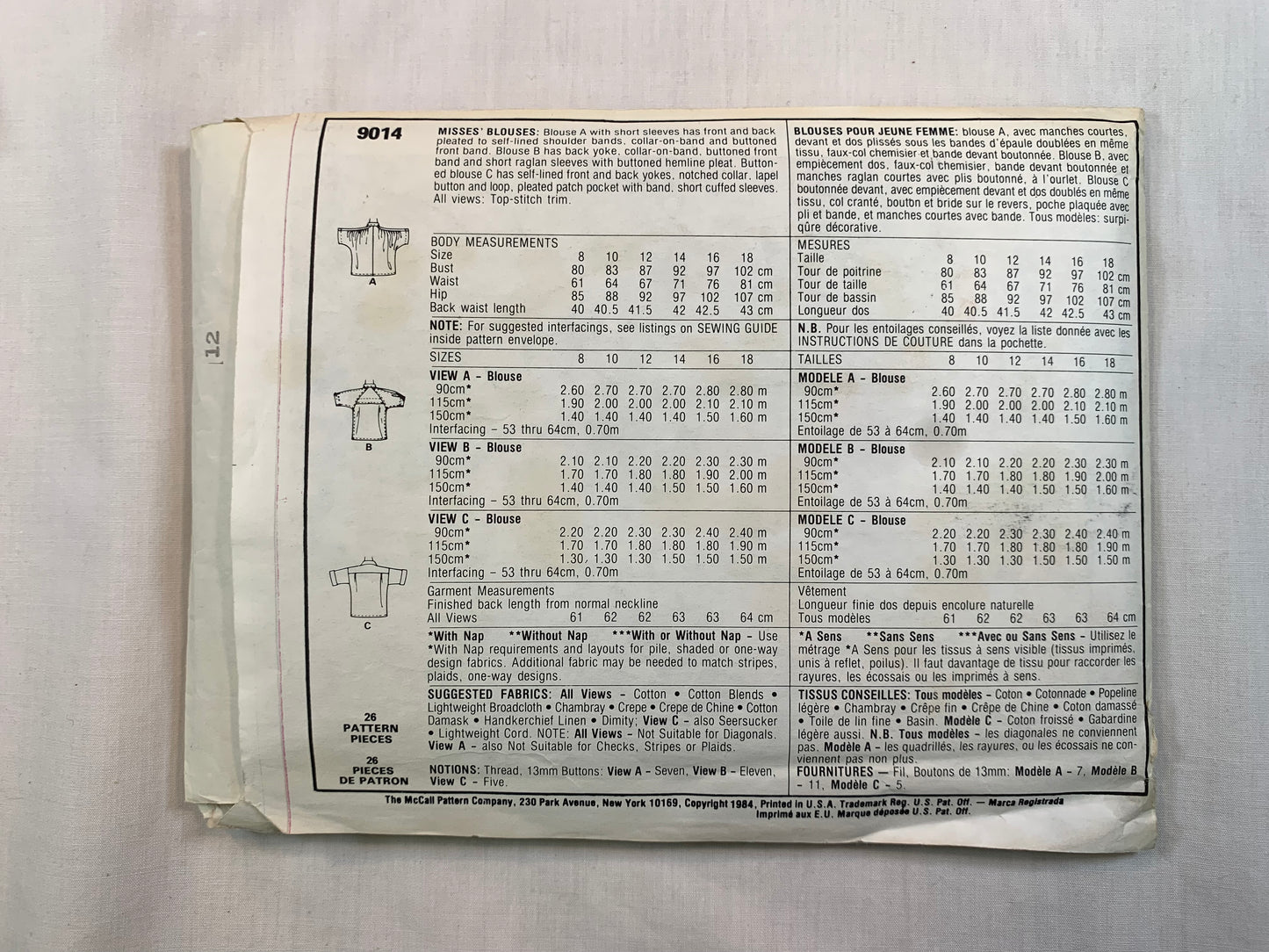 McCall's 9014 Misses' Blouse, Size 12, Cut, Vintage 1984