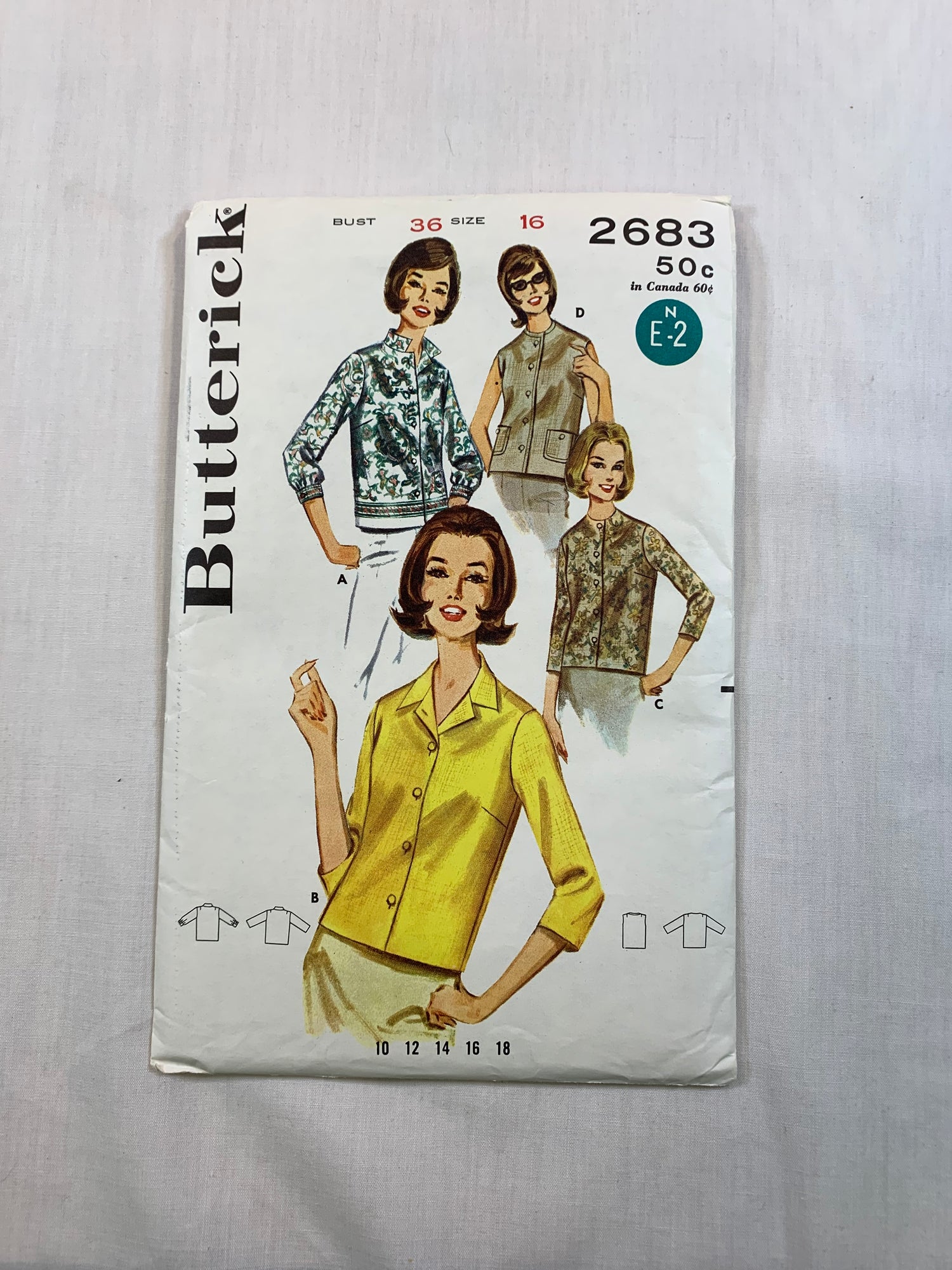 Butterick Sewing Pattern 2683 Misses' Tops, Pockets, Button Front, Collar, Long Sleeves, Sleeveless, Size 16, Uncut, Vintage 1960