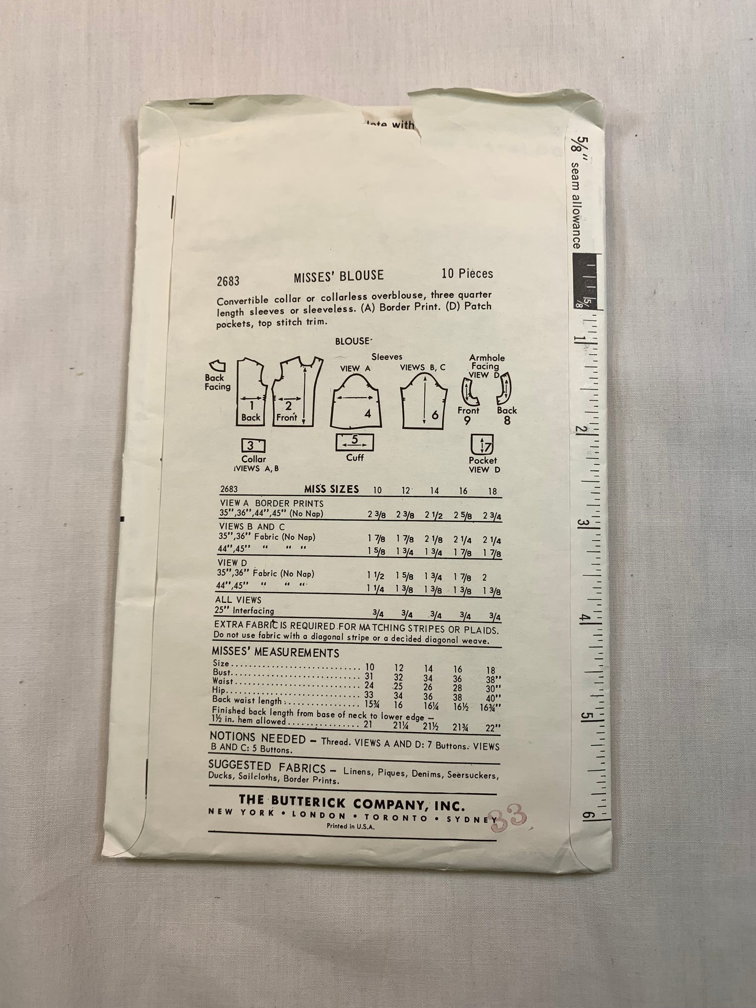 Butterick Sewing Pattern 2683 Misses' Tops, Pockets, Button Front, Collar, Long Sleeves, Sleeveless, Size 16, Uncut, Vintage 1960
