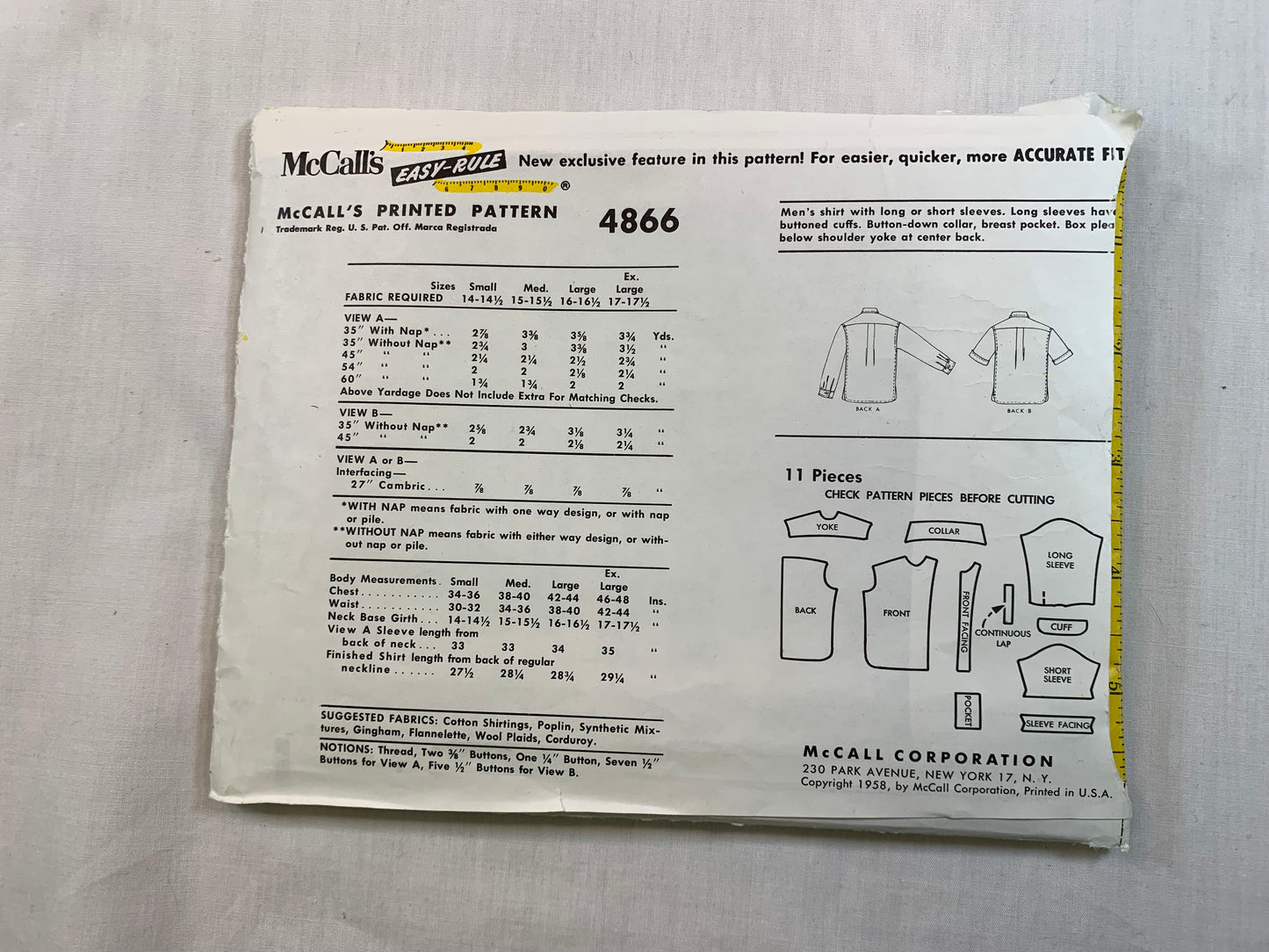 McCall's 4866 Men's Shirt, Size 16-16 1/2, Uncut, Vintage 1958