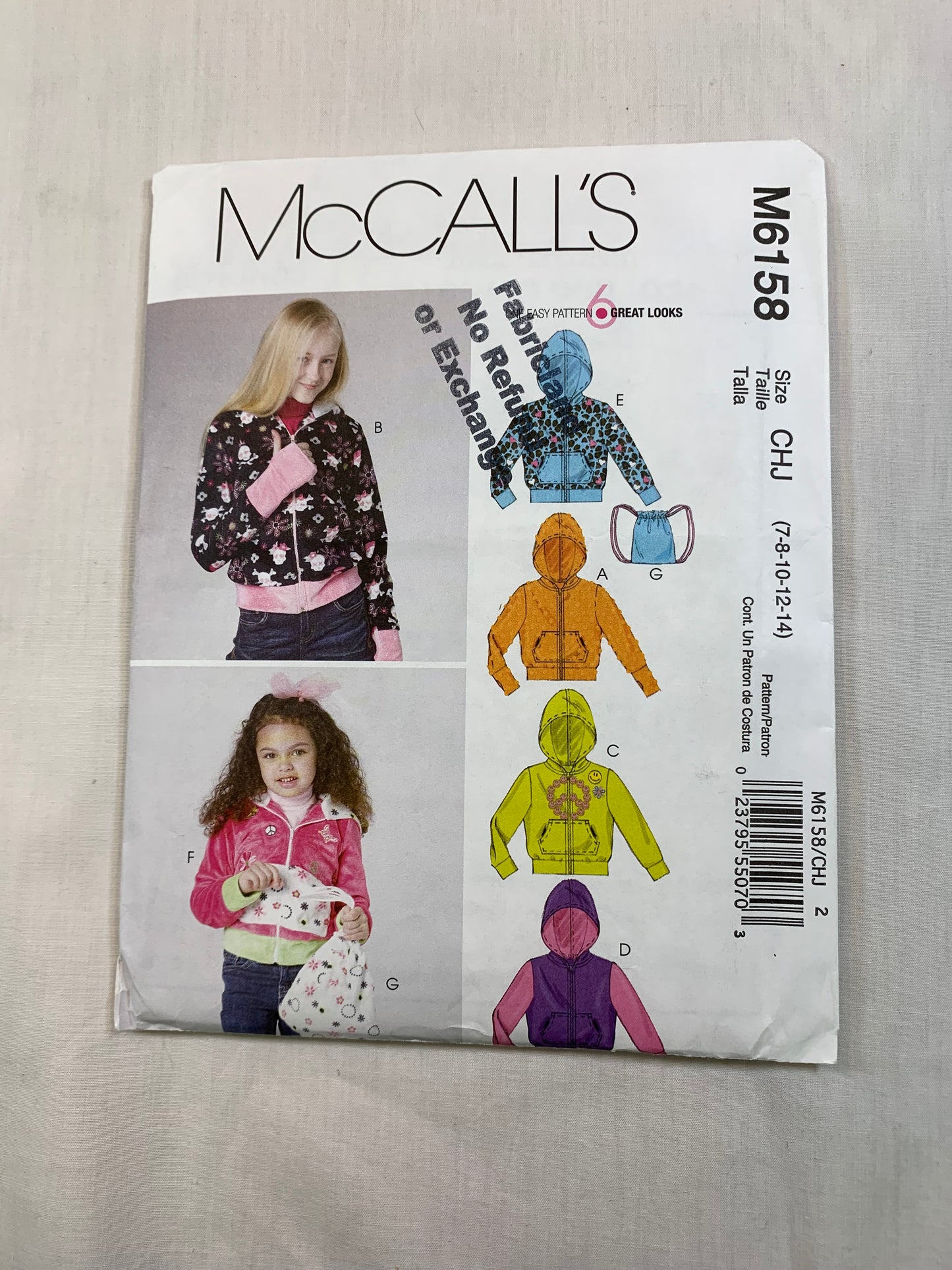 McCall's Girls' Hoodies, Bag, Size 7-14, Uncut, 2010