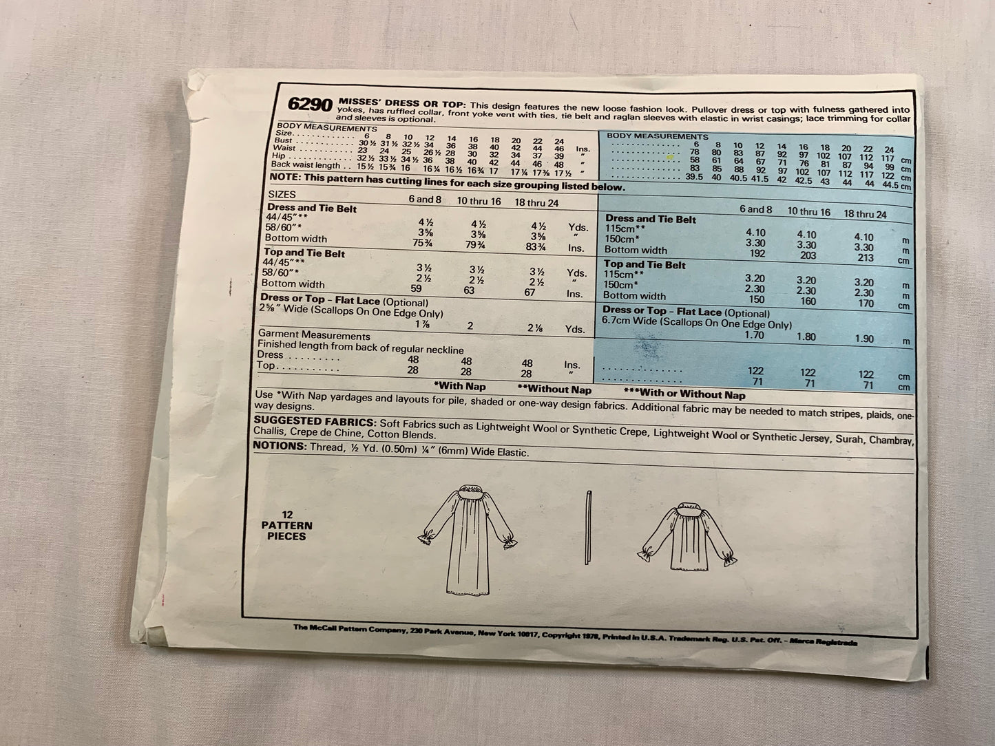 McCall's 6290 Misses' Dress, Top, Size 6-24, Cut, Vintage 1978
