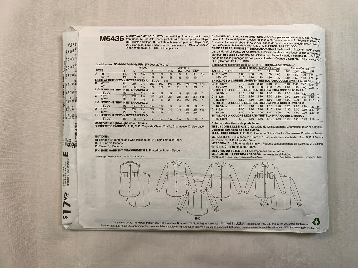 McCall's M6436 Misses' Shirts, Size 18W, Cut, 2011