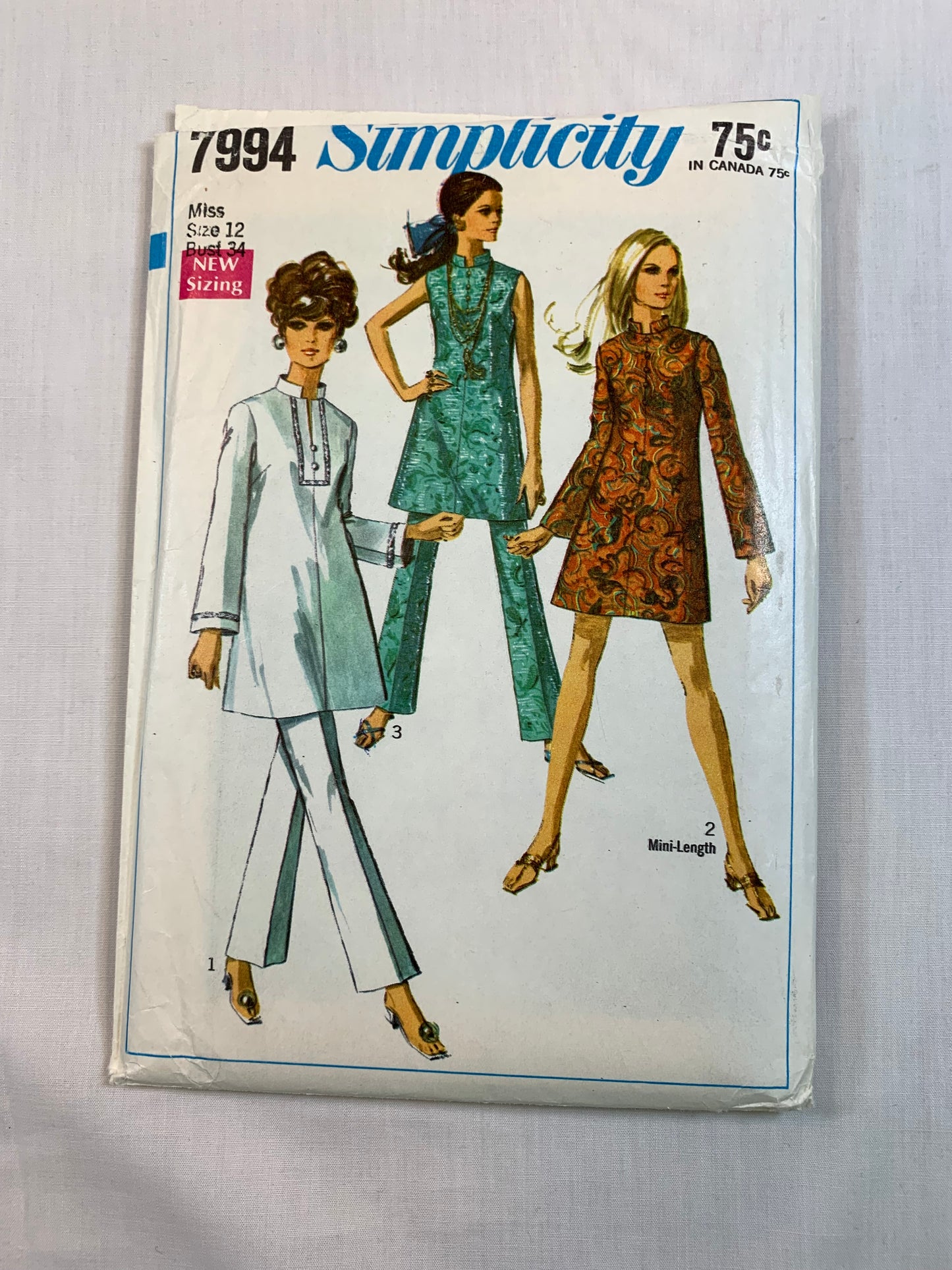 Simplicity 7994 Misses' Mini-Dress, Tunic, Bell Bottom Pants, Size 12, Uncut, Vintage 1968
