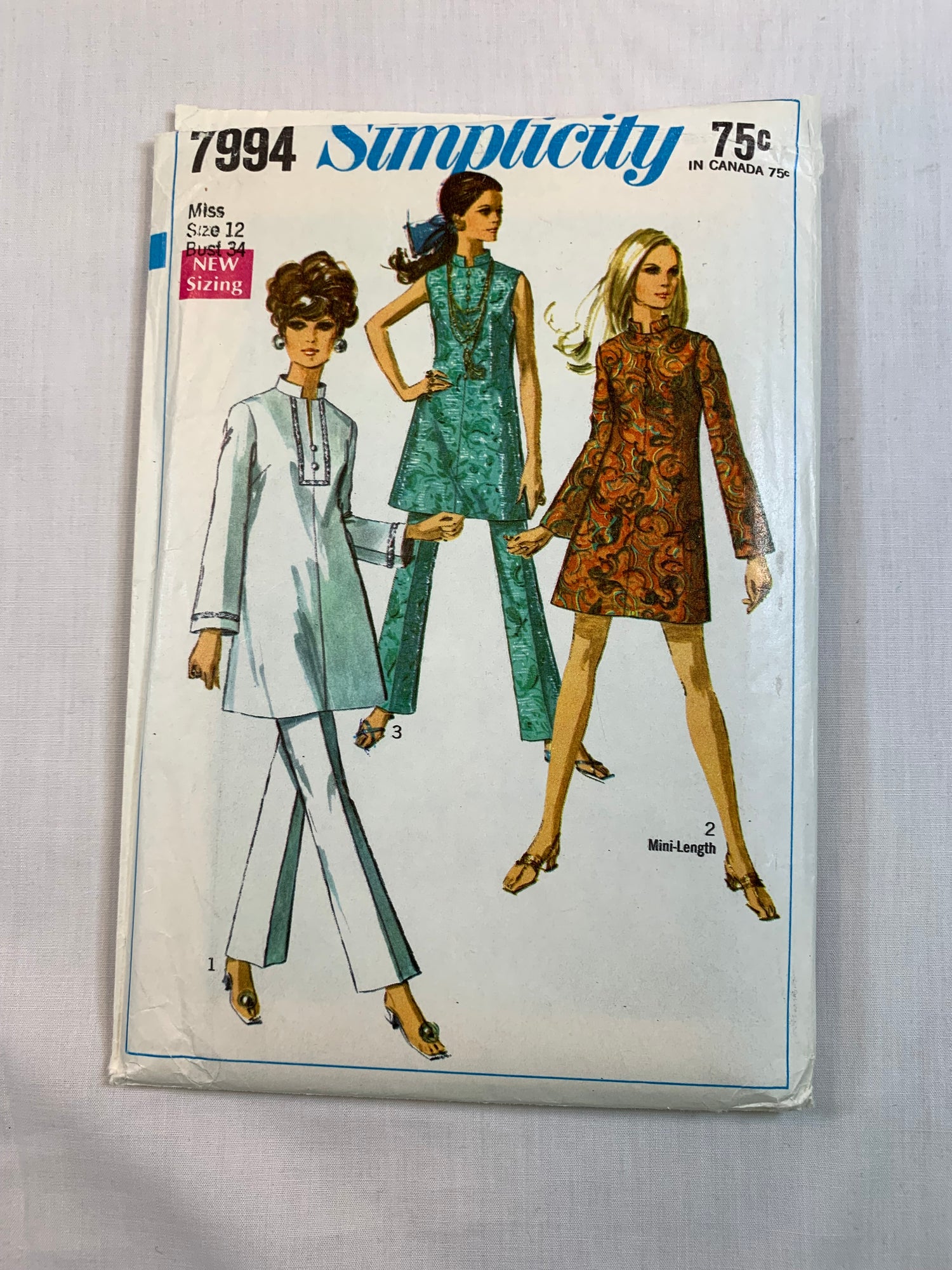 Simplicity 7994 Misses' Mini-Dress, Tunic, Bell Bottom Pants, Size 12, Uncut, Vintage 1968