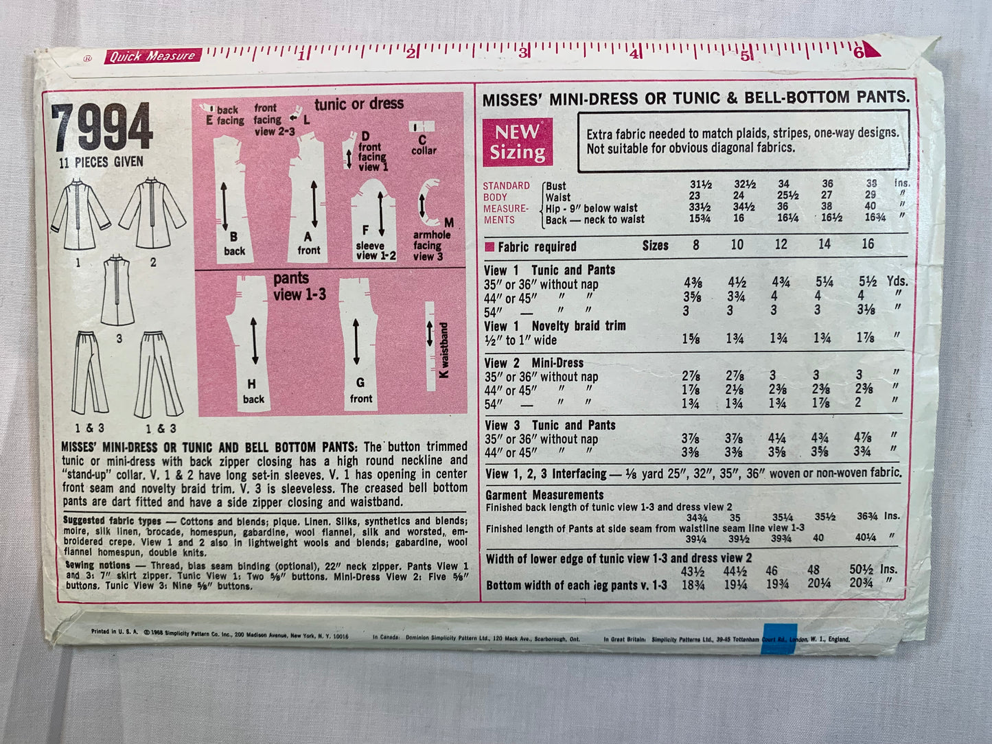 Simplicity 7994 Misses' Mini-Dress, Tunic, Bell Bottom Pants, Size 12, Uncut, Vintage 1968