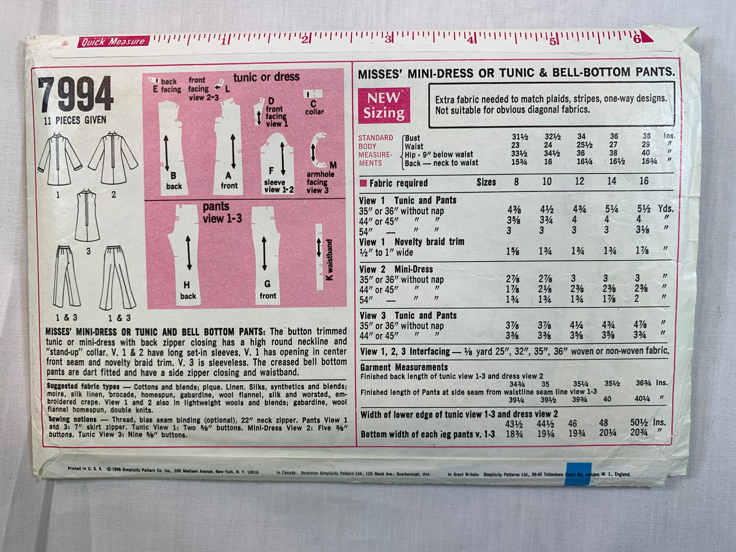 Simplicity 7994 Misses' Mini-Dress, Tunic, Bell Bottom Pants, Size 12, Uncut, Vintage 1968