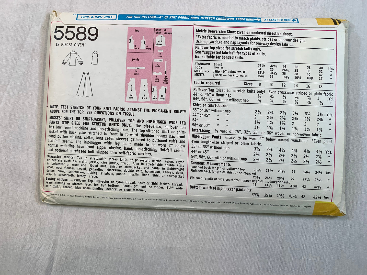Simplicity 5589 Misses' Shirt-Jacket, Top, Pants, Size 12, Uncut, Vintage 1973