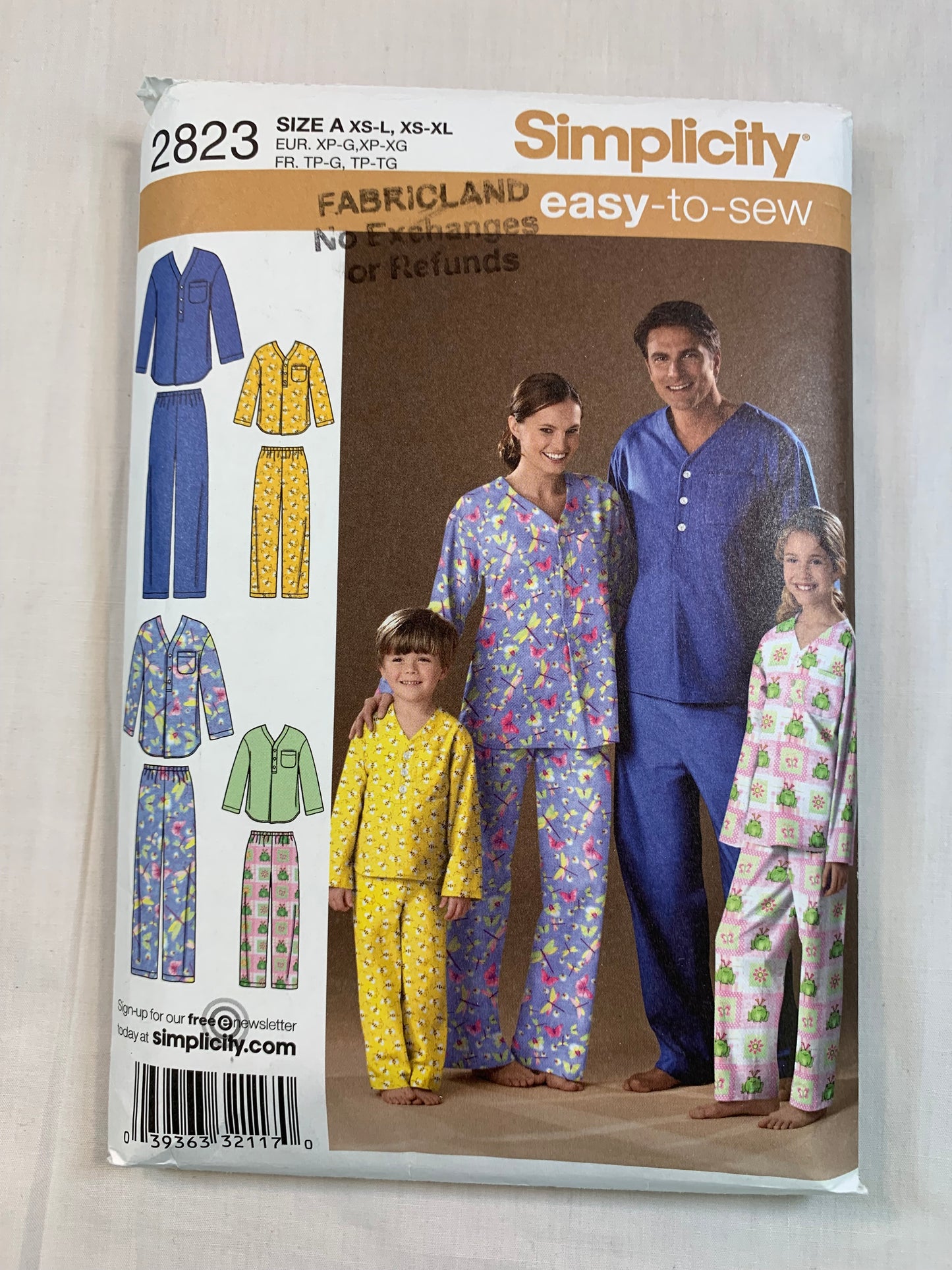 Simplicity Sewing Pattern 2823 Unisex Child's, Adults, Top, Pants, Pajamas, Sleepwear, All Sizes XS-L, XS-L, Uncut, 2002
