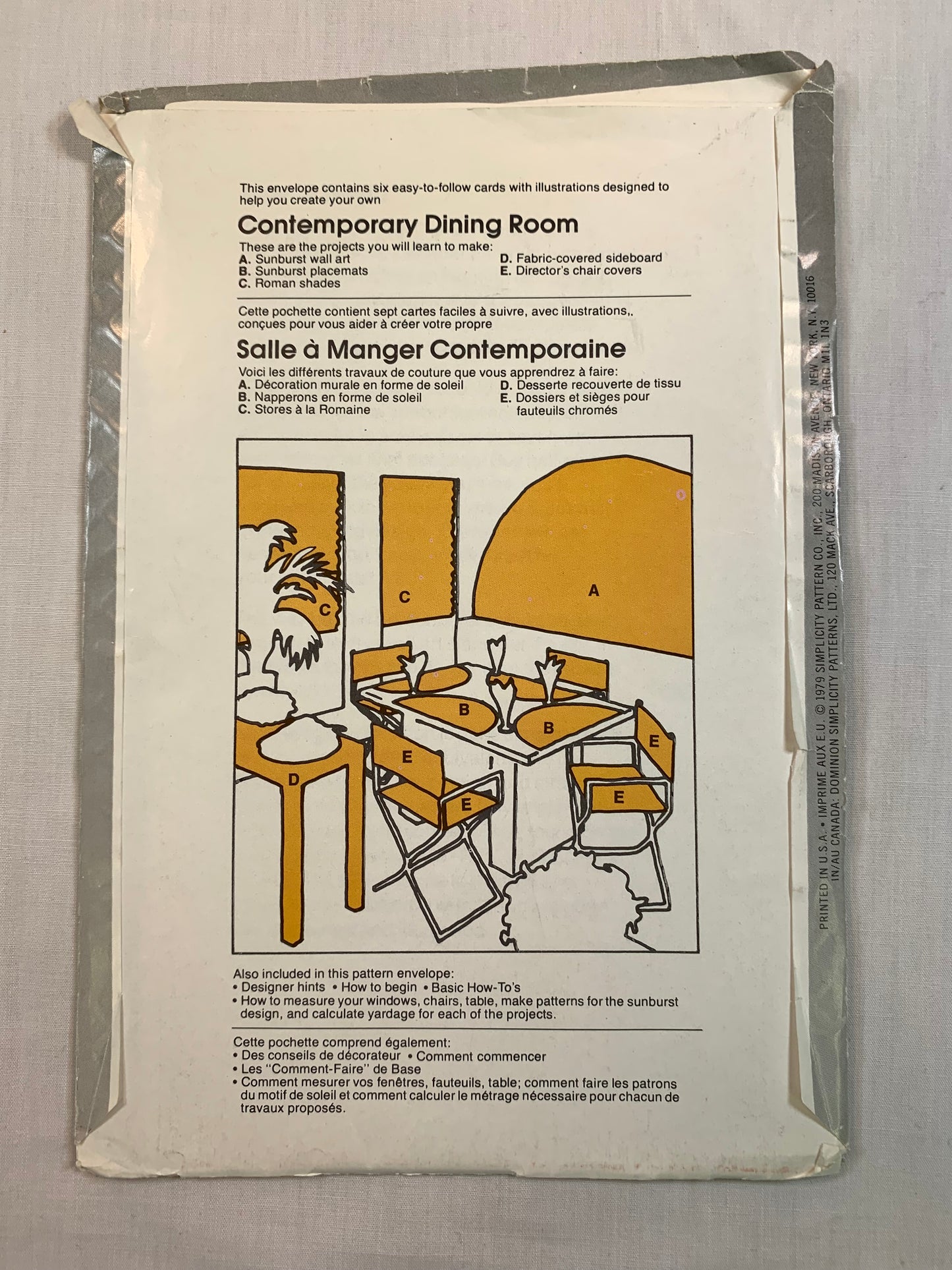 Simplicity Sewing Pattern 111, Crafts, Dining Room Accessories, Placemats, Shades, Chair Cover, Wall Art, Uncut, Vintage 1979