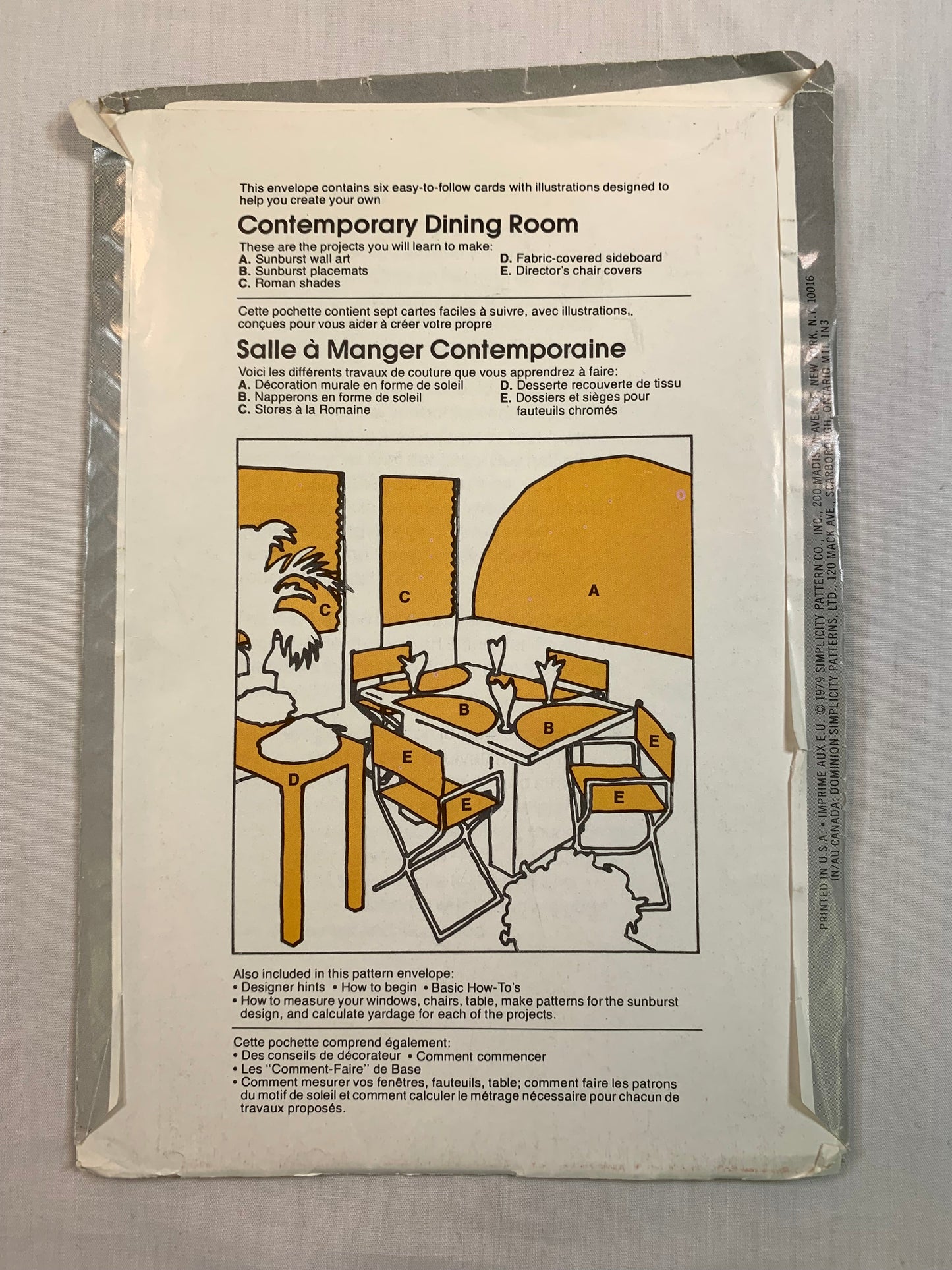 Simplicity Sewing Pattern 111, Crafts, Dining Room Accessories, Placemats, Shades, Chair Cover, Wall Art, Uncut, Vintage 1979