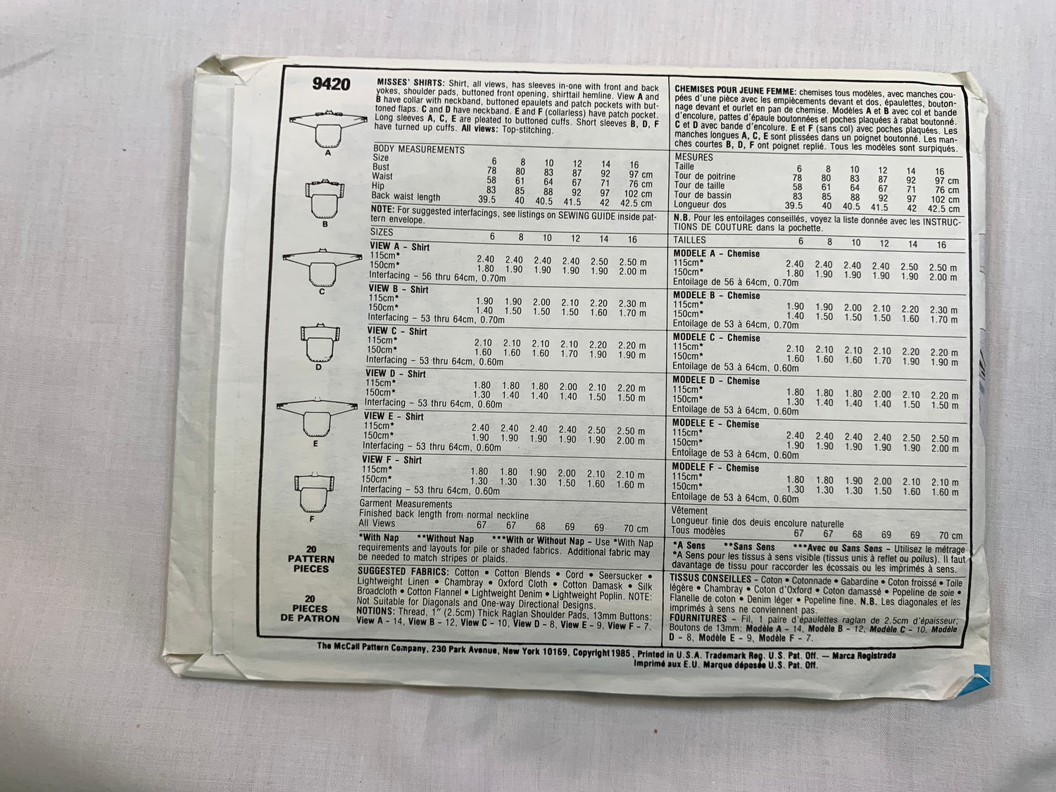 McCall's 9420 Misses' Shirts, Size 12, Uncut, Vintage 1985