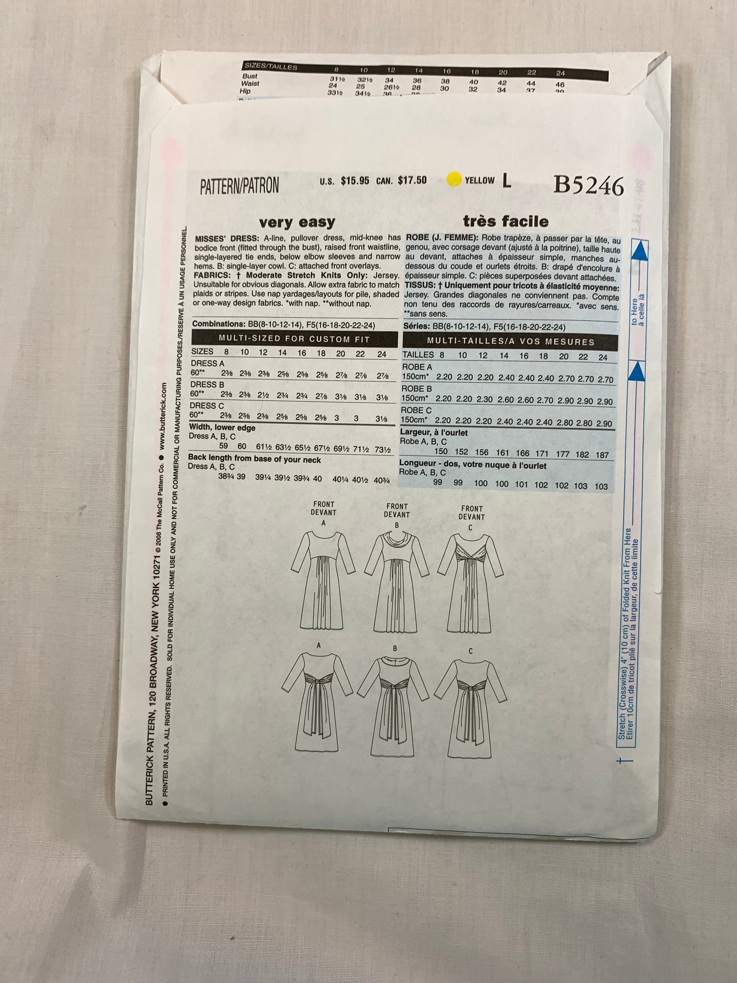 Butterick B5246 Misses' Dress Size 8-12, Cut, 2008