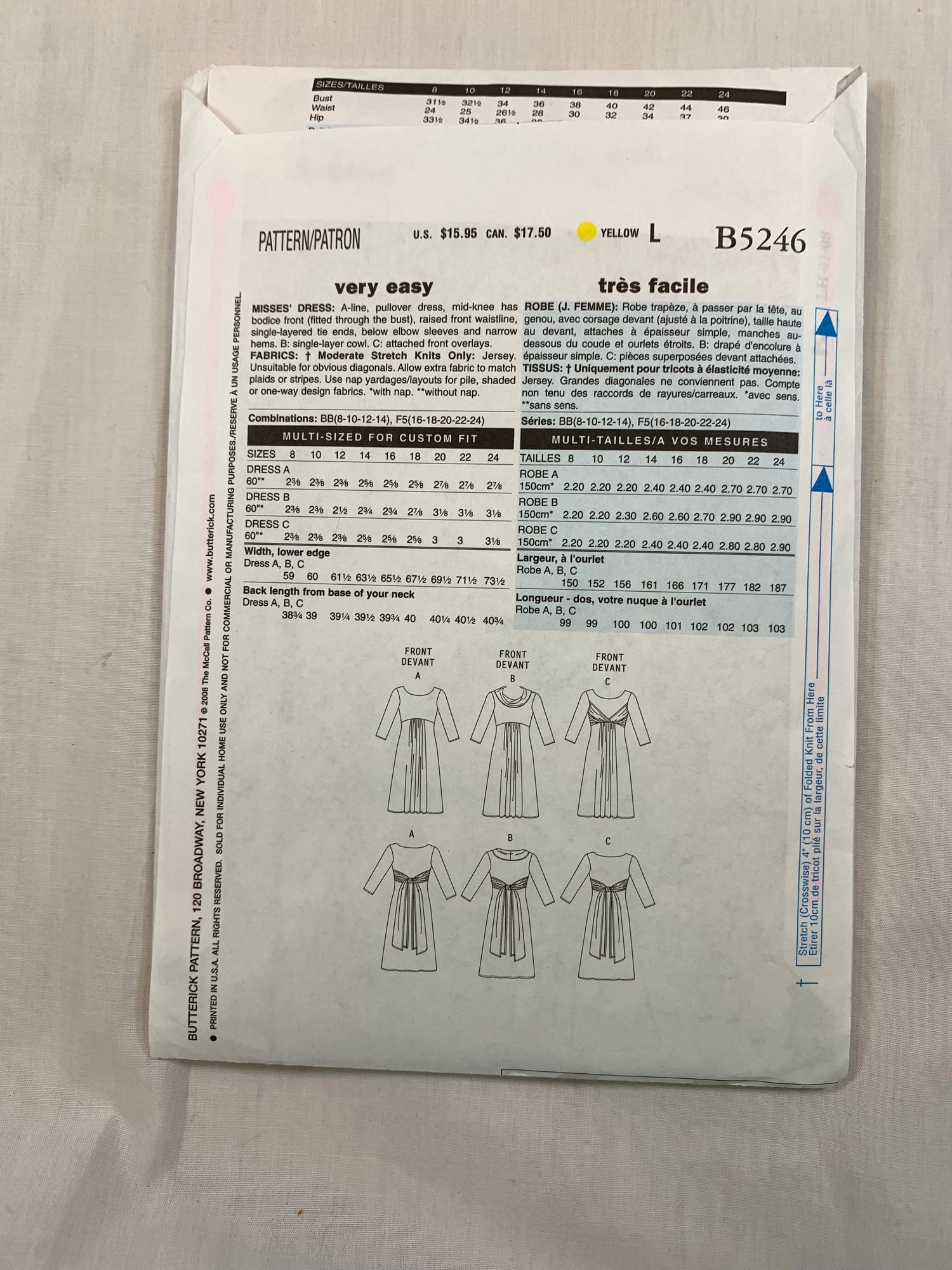 Butterick B5246 Misses' Dress Size 8-12, Cut, 2008