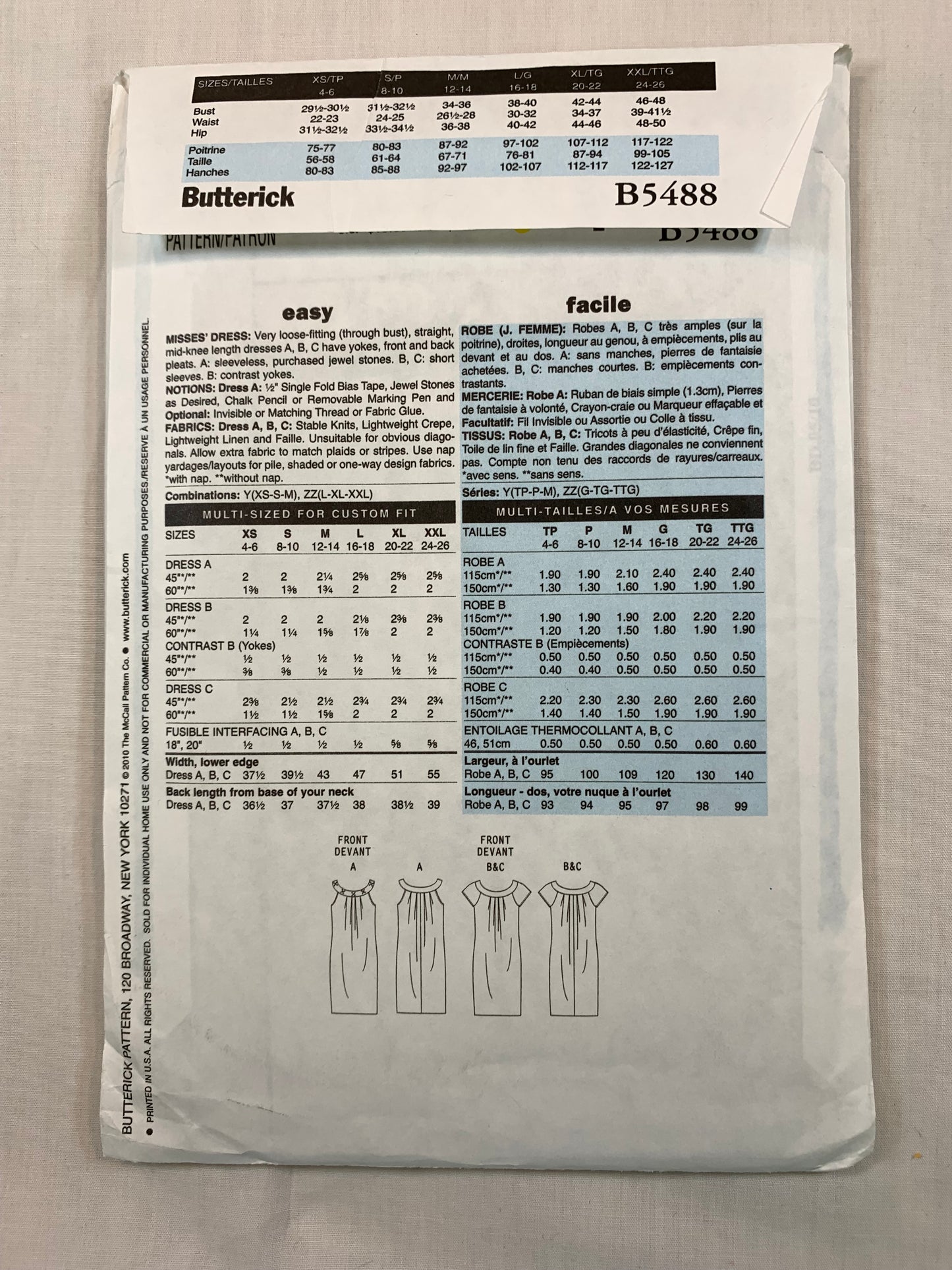 Butterick B5488 Misses' Dress Size 4-14, Cut, 2010