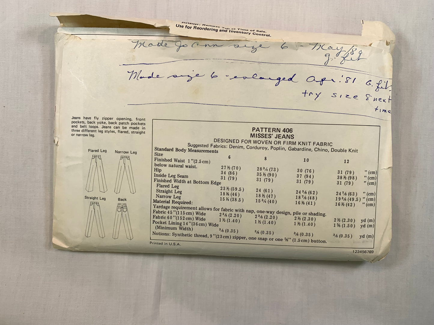 KWIK 407 Misses' Jeans, Size 6-12, Cut