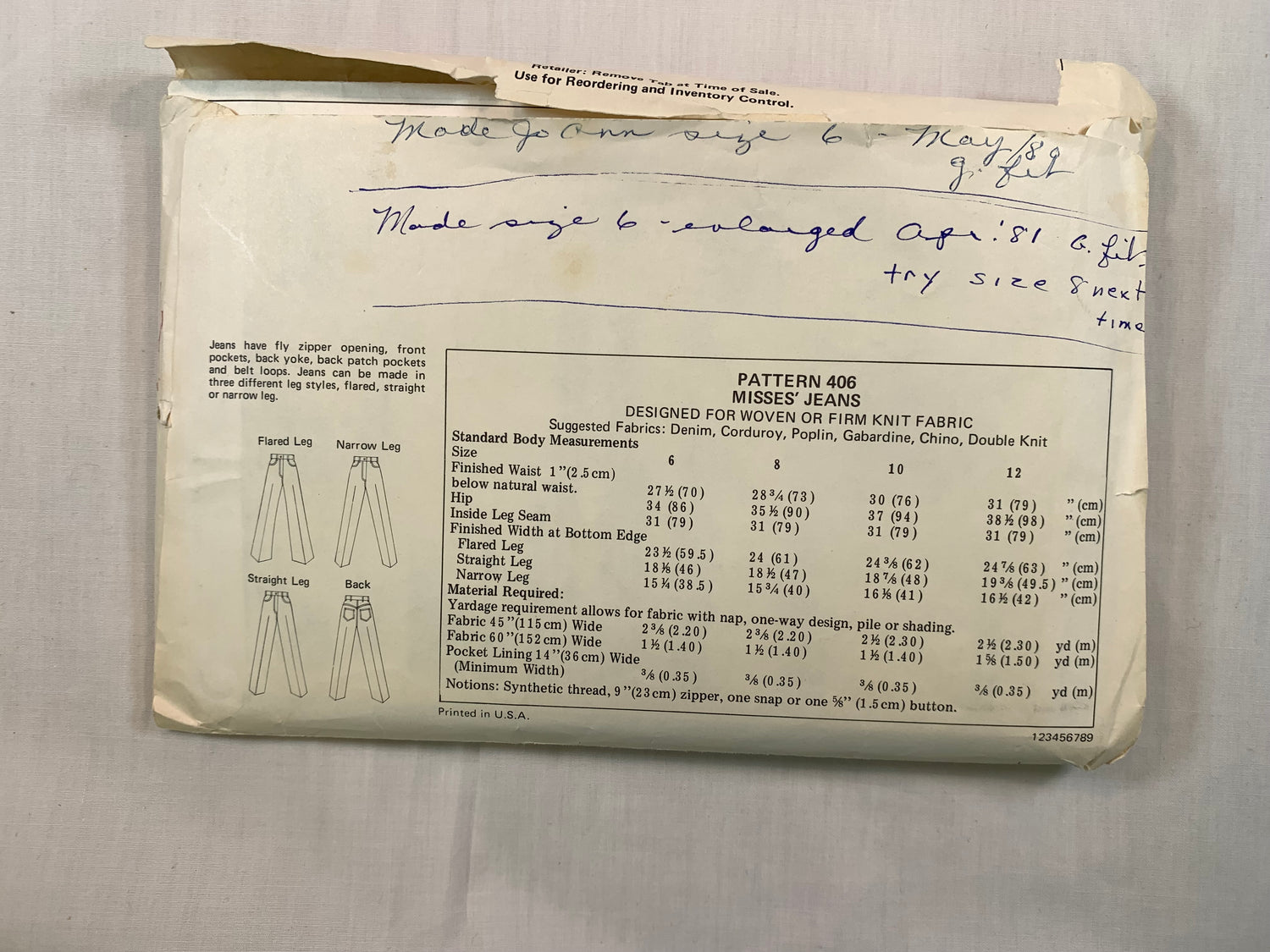 KWIK 407 Misses' Jeans, Size 6-12, Cut