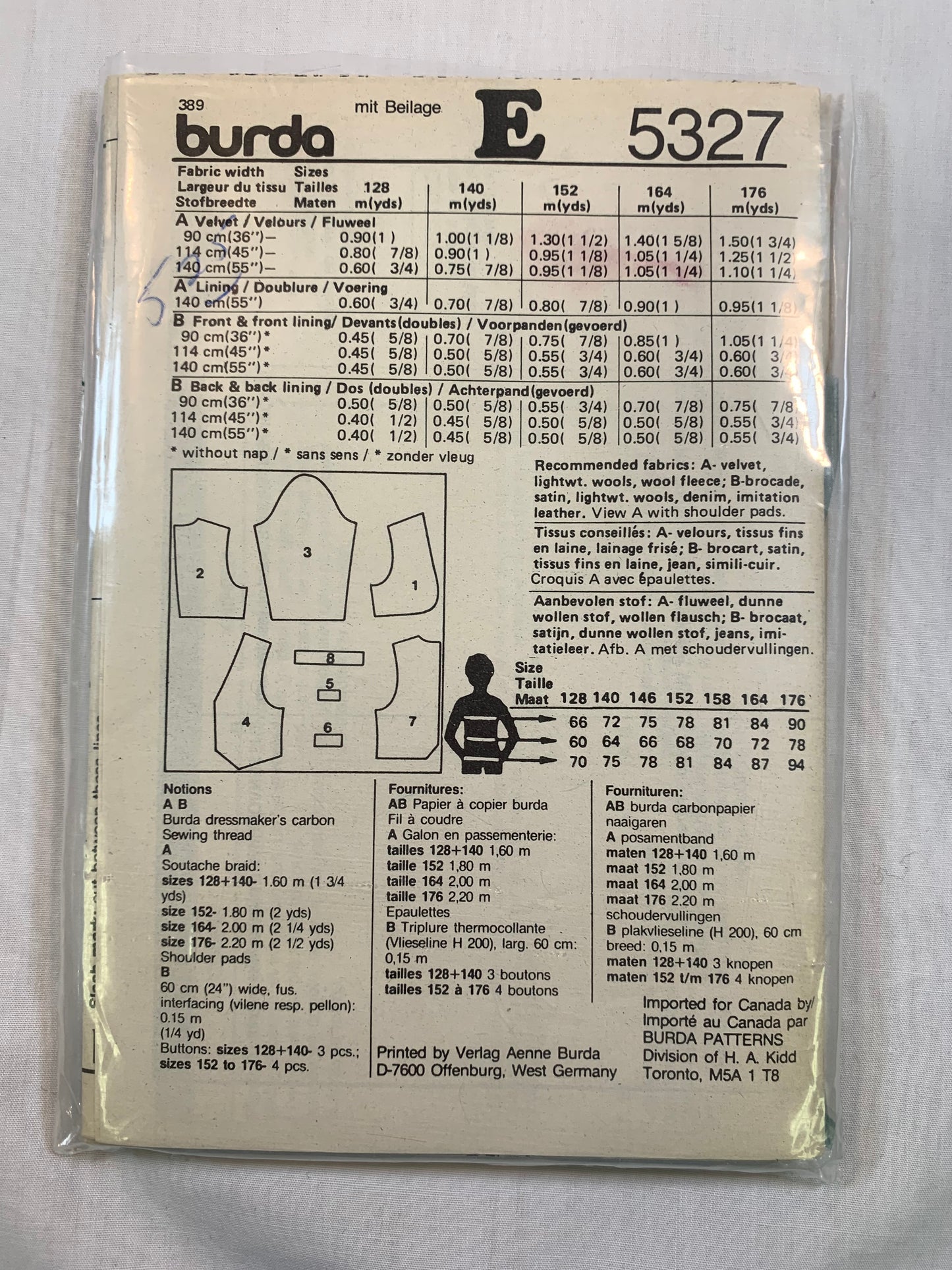 Burda Sewing Pattern 5327 Girls' Boy's Vest, Sleeveless, Long Sleeves, Button Front, Pockets, Size 8-12, Cut, Vintage 1990