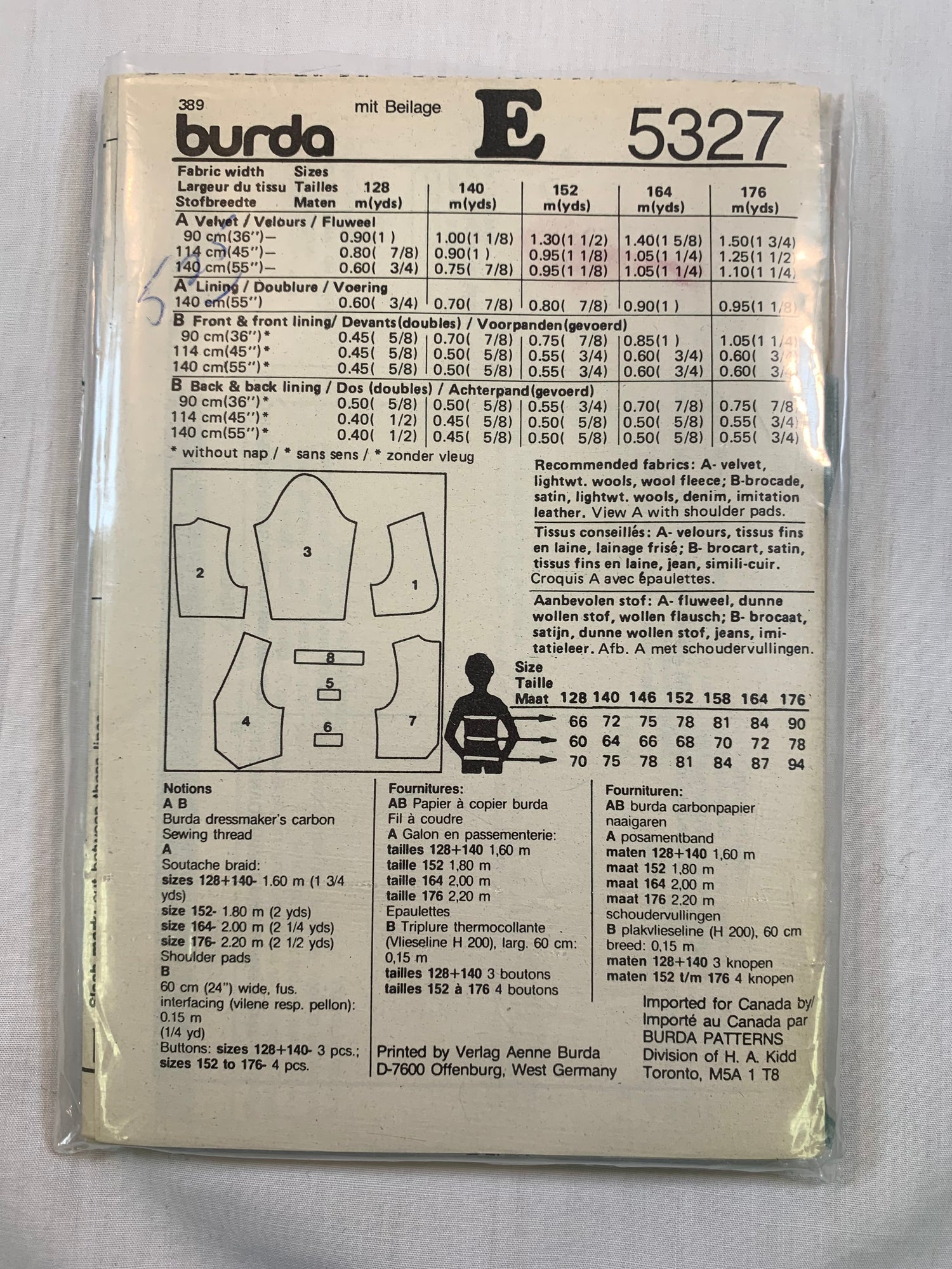 Burda Sewing Pattern 5327 Girls' Boy's Vest, Sleeveless, Long Sleeves, Button Front, Pockets, Size 8-12, Cut, Vintage 1990