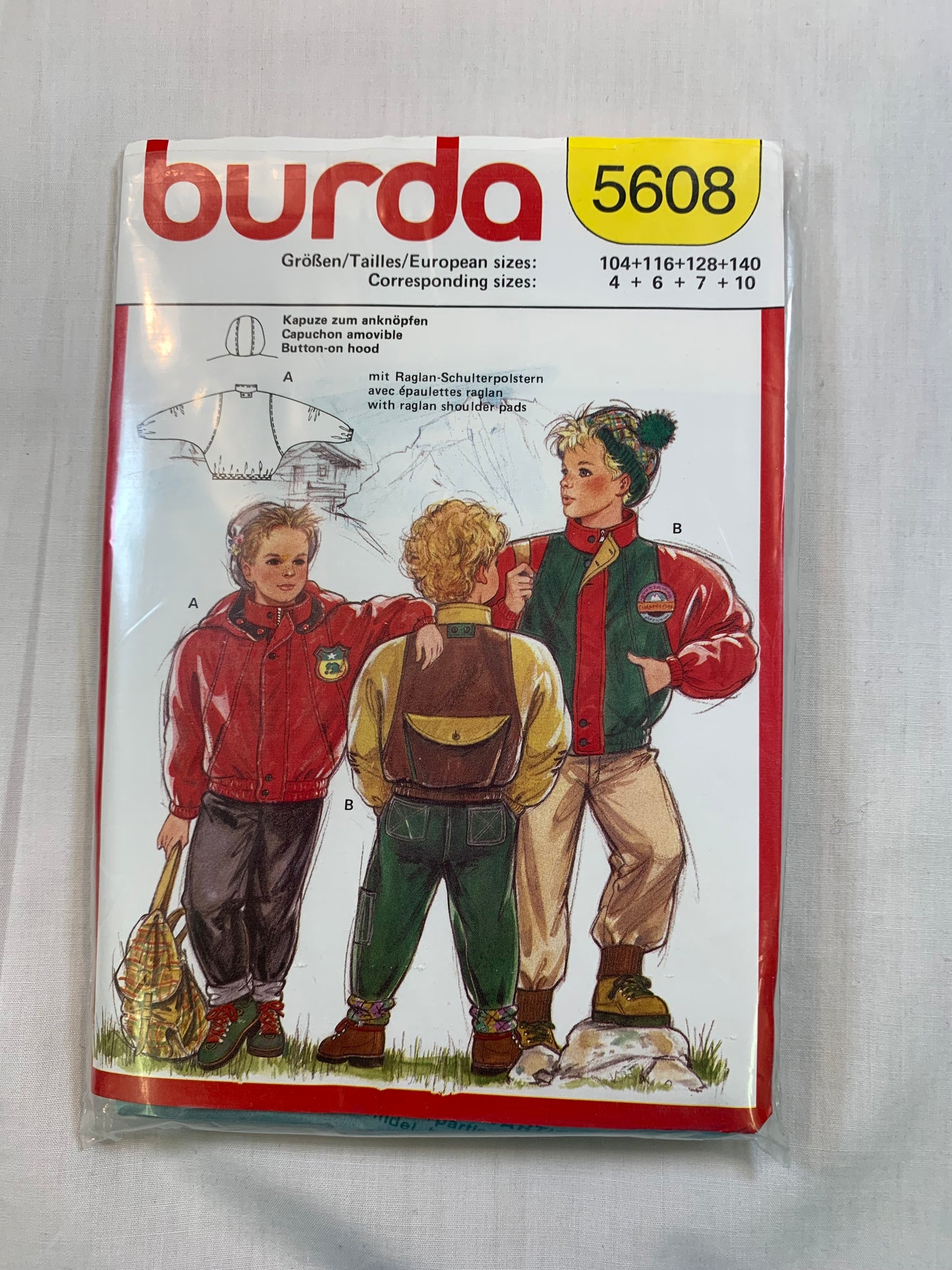 Burda Sewing Pattern 5608 Boy's Coat, Elastic Waist, Hood, Zipper Front, Pockets, Size 4-10, Cut, Vintage 1995