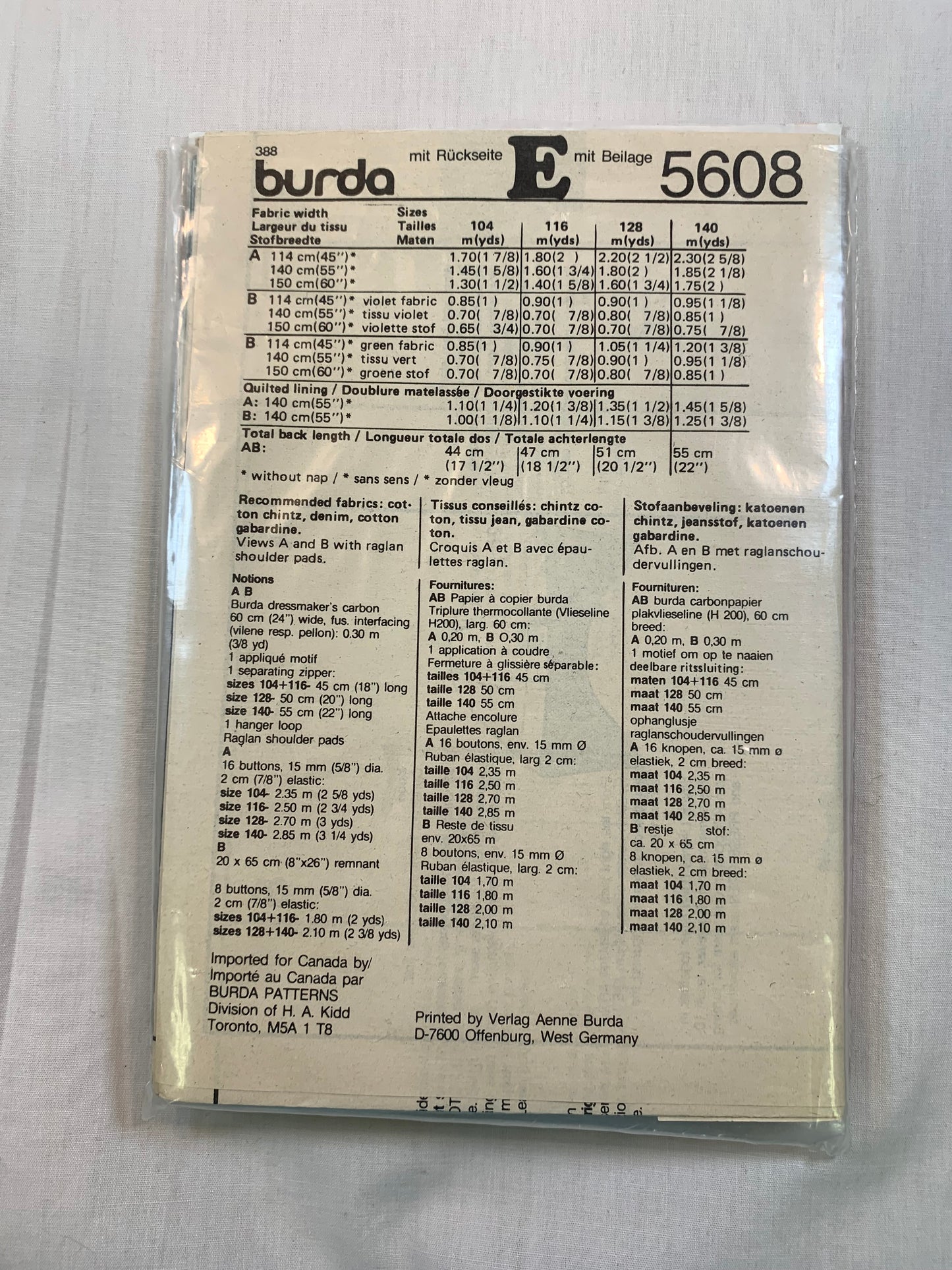 Burda Sewing Pattern 5608 Boy's Coat, Elastic Waist, Hood, Zipper Front, Pockets, Size 4-10, Cut, Vintage 1995