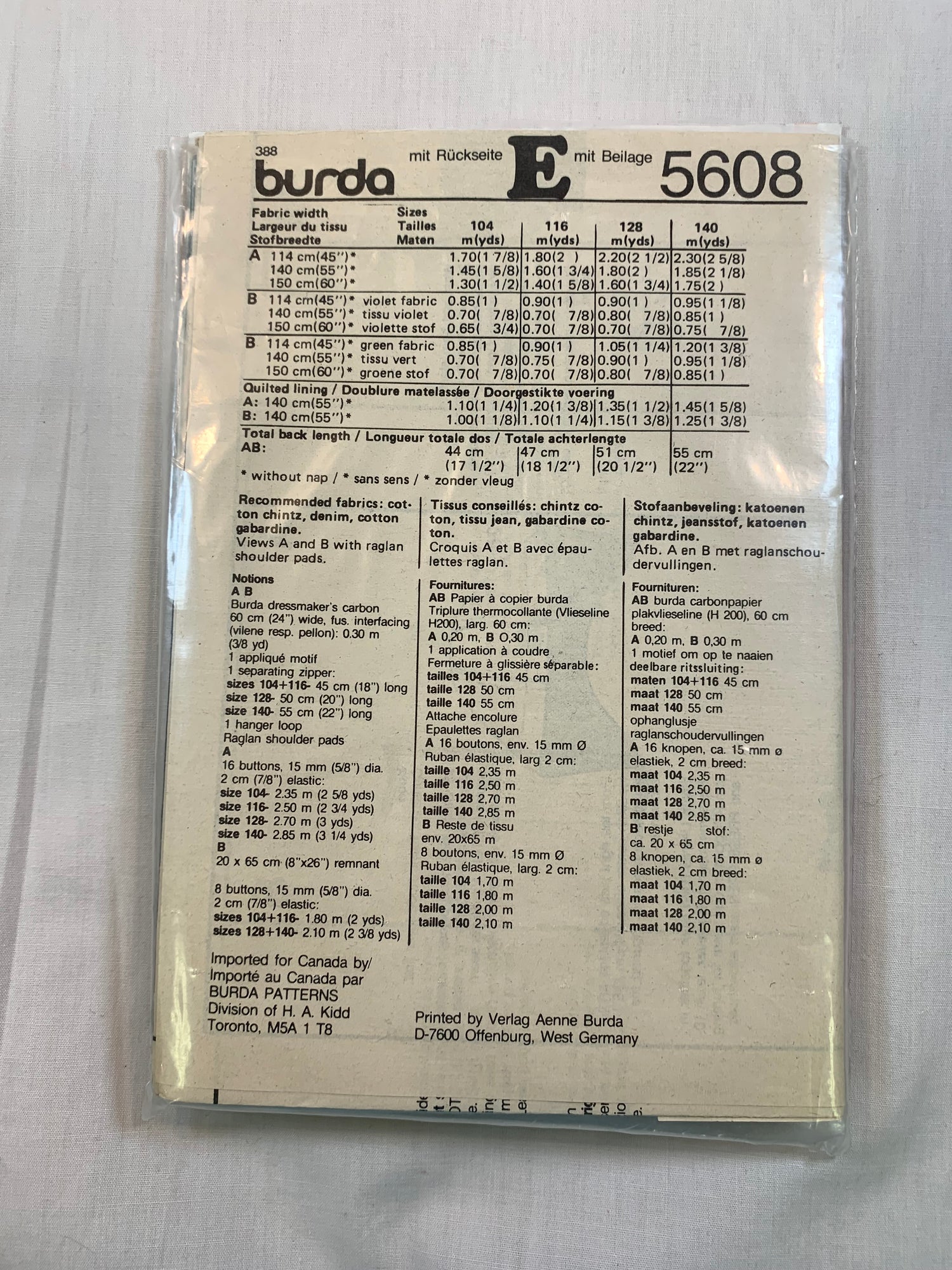 Burda Sewing Pattern 5608 Boy's Coat, Elastic Waist, Hood, Zipper Front, Pockets, Size 4-10, Cut, Vintage 1995