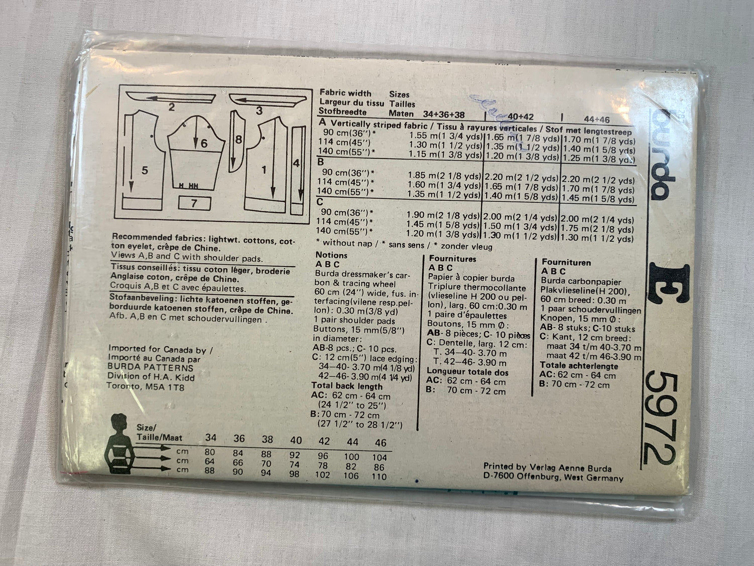 Burda Sewing Pattern 5972 Misses' Blouse, Top, Long/Short Sleeves, Button Front, 3 Variations, Sleeveless, Size 8-16, Cut, 2000
