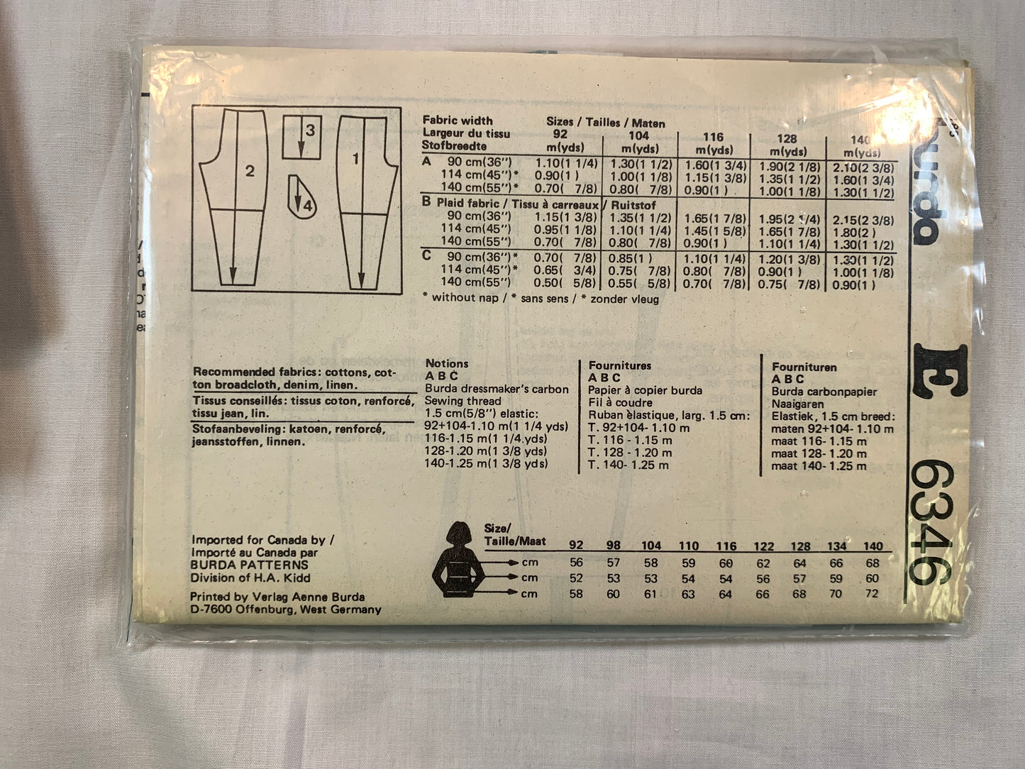 Burda Sewing Pattern 6346 Girls'/Boys' Pants, Shorts, Pockets, Elastic Waist/Ankles, Loose-Fitting, Size 3-10, Cut, 2000