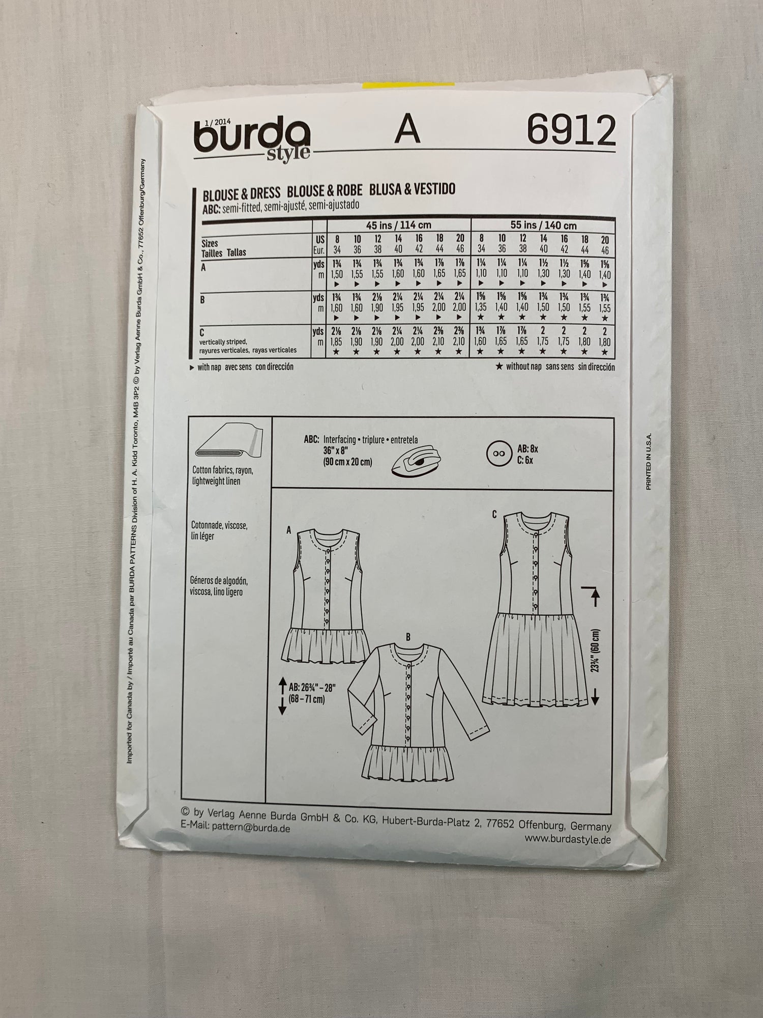 Burda Sewing Pattern 6912 Misses' Dress, Top, Two Lengths, Sleeveless, Long Sleeves, Button Front, Size 8-14, Cut, 2012