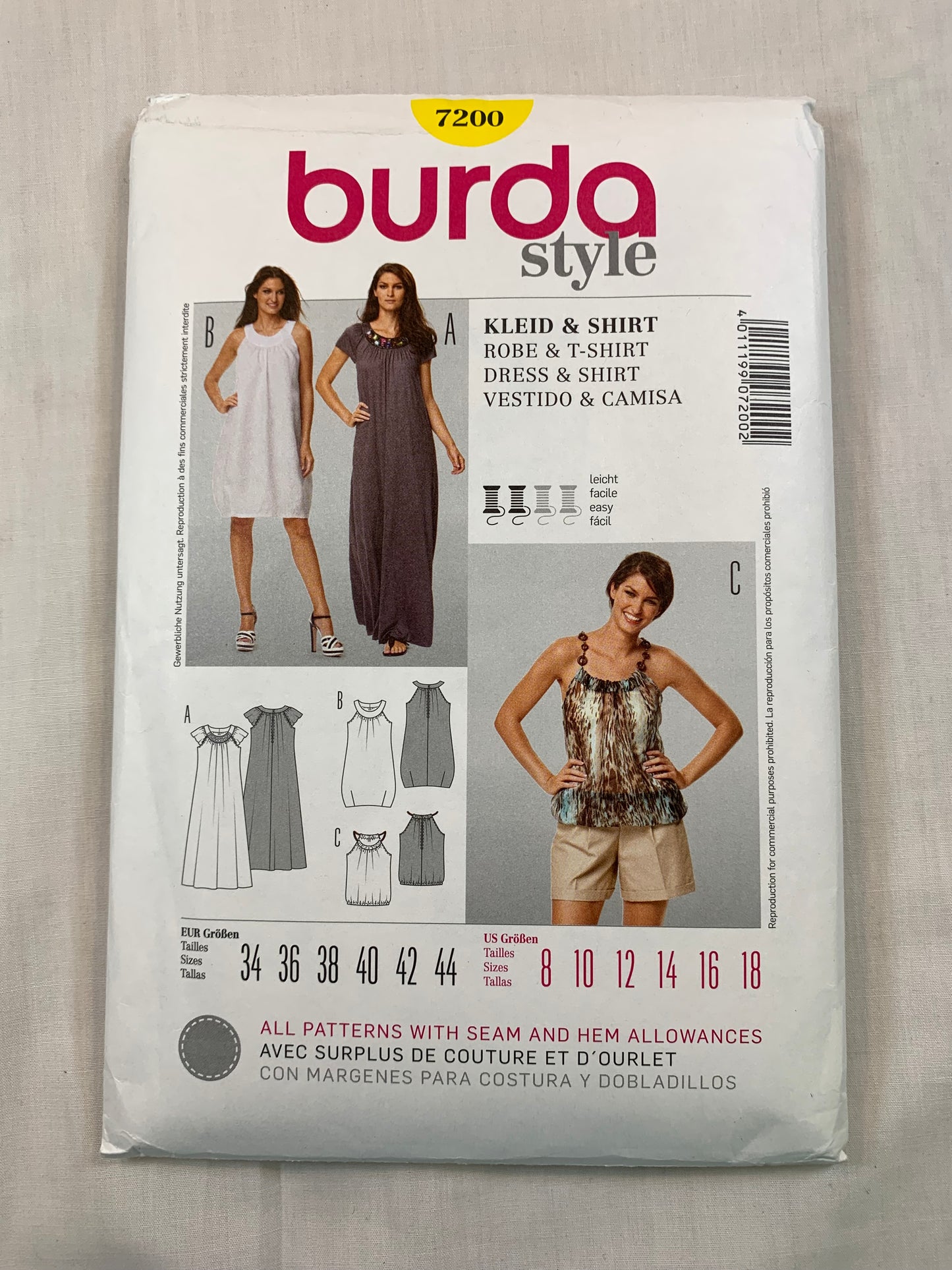 Burda Sewing Pattern 7200 Misses' Dress, Top, Two Lengths, 3 Variations, Sleeveless, Loose-Fitting, Size 8-12, Cut, 2014