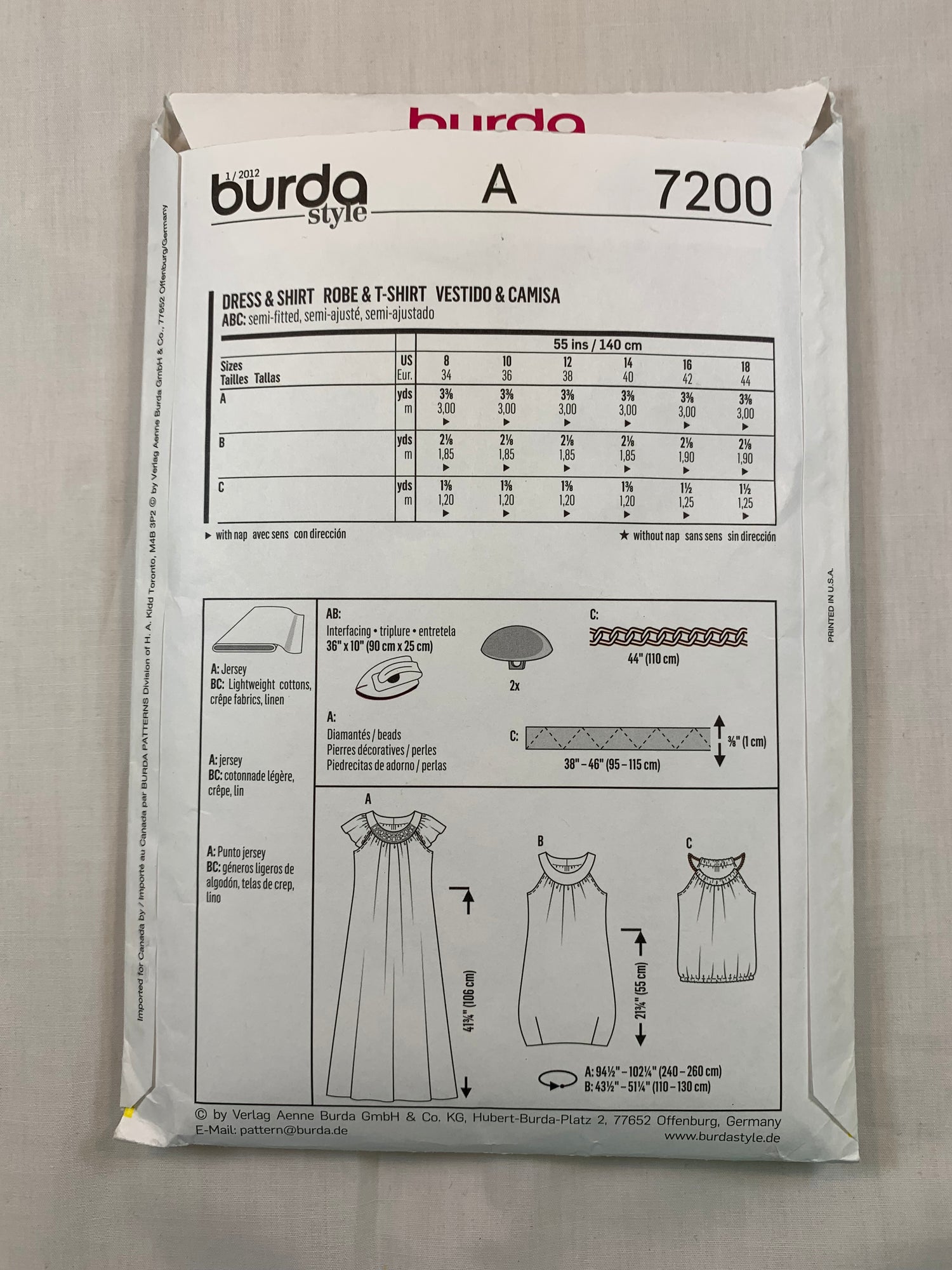 Burda Sewing Pattern 7200 Misses' Dress, Top, Two Lengths, 3 Variations, Sleeveless, Loose-Fitting, Size 8-12, Cut, 2014