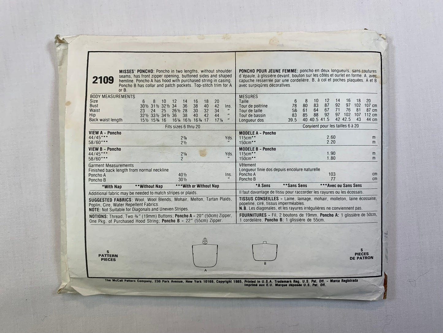 McCall's 2109 Misses' Poncho, Size 6-20, Cut, Vintage 1985