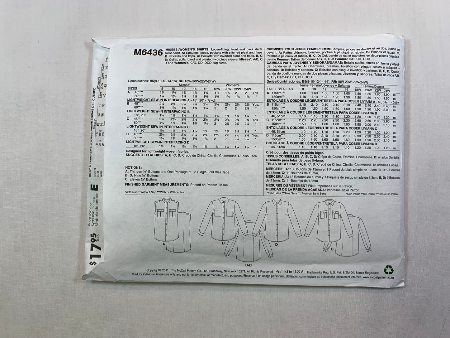 McCall's M6436 Misses' Shirts, Size 8-16, Cut, 2011