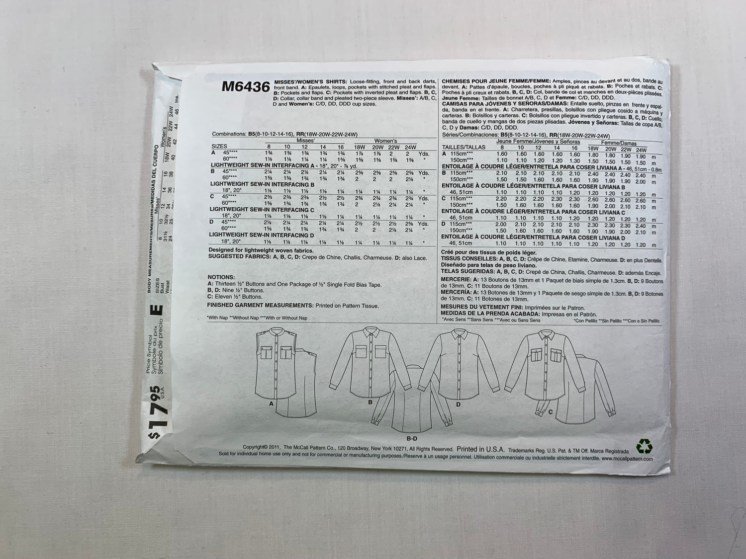 McCall's M6436 Misses' Shirts, Size 8-16, Cut, 2011