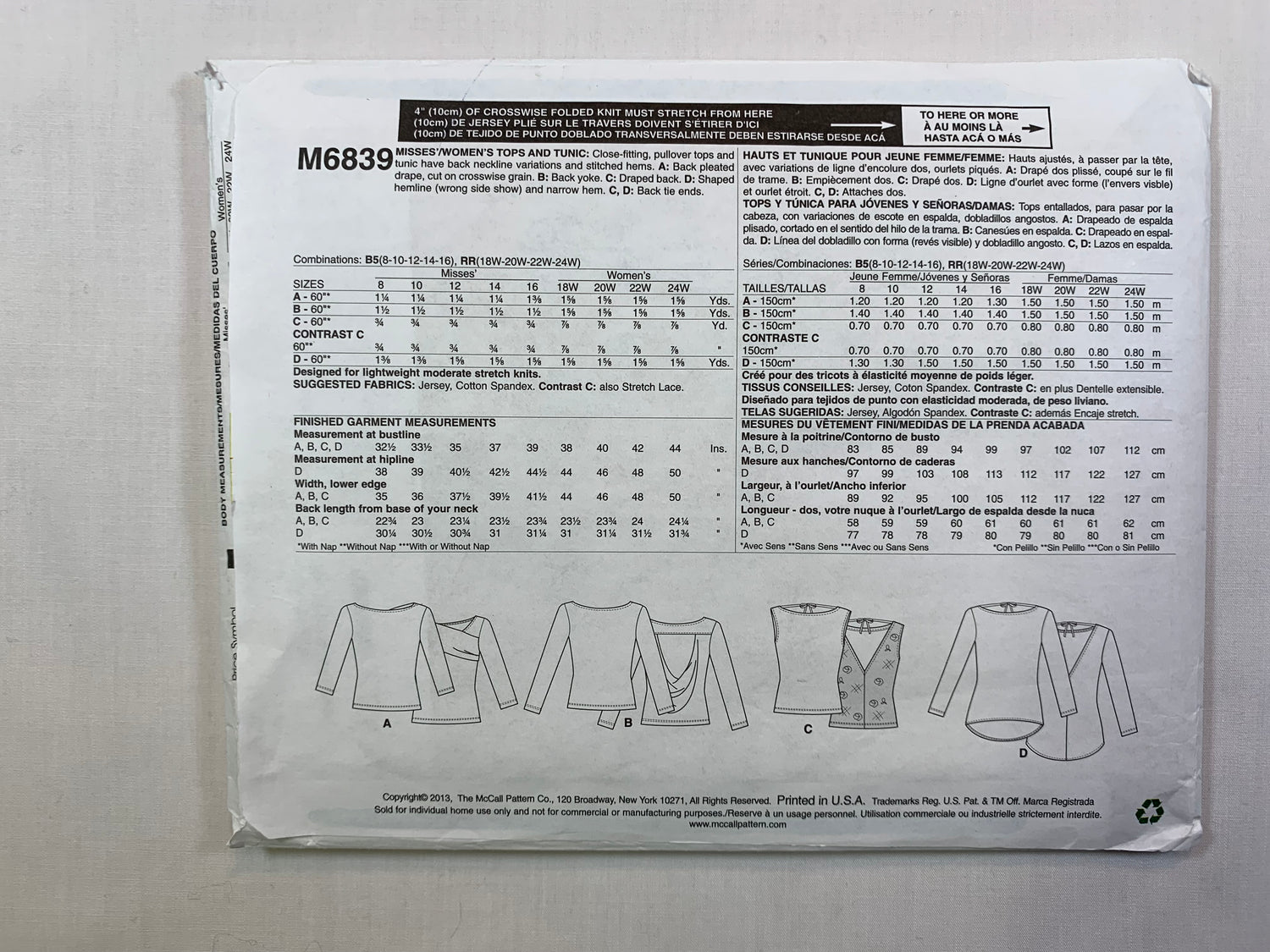 McCall's M6839 Misses'/Women's Tops, Tunics, Size 8-14, Cut, 2013
