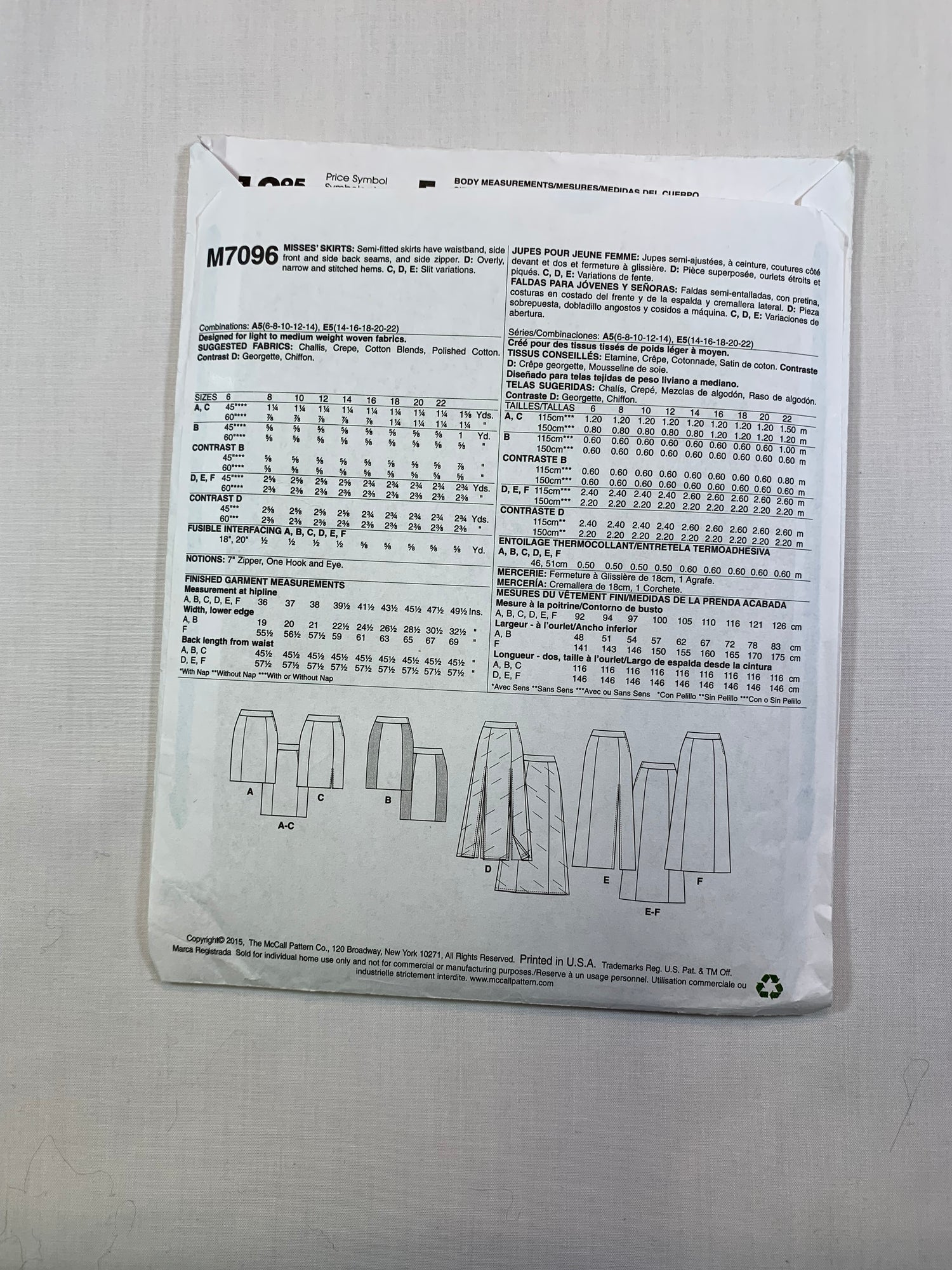 McCall's M7096 Misses' Skirt, Size 6-12, Cut, 2015