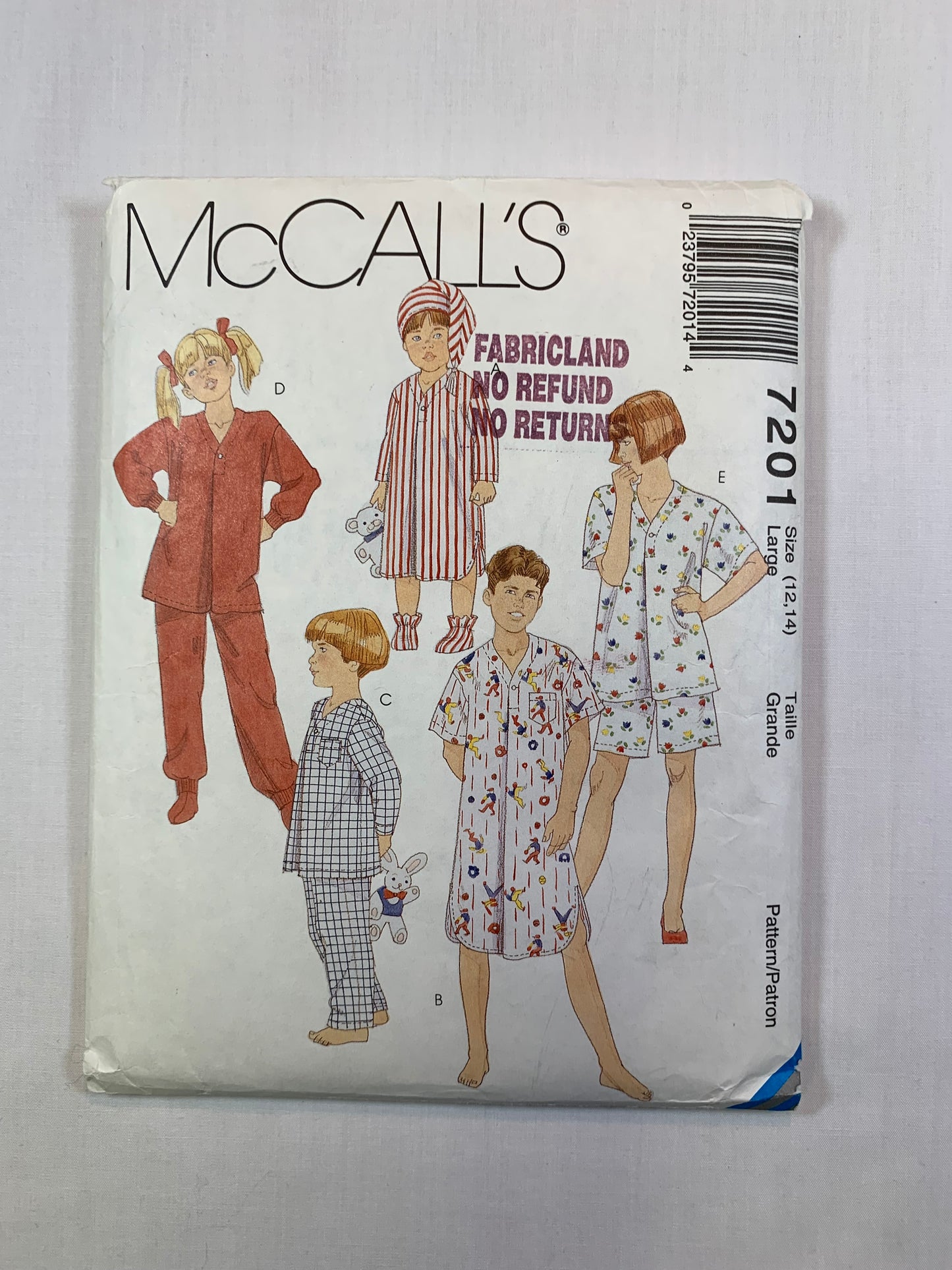 McCall's 7201 Boys' Girls' Sleepwear, Pajamas, Top, Pants, Nightgown, Size 12-14, Cut, Vintage 1994