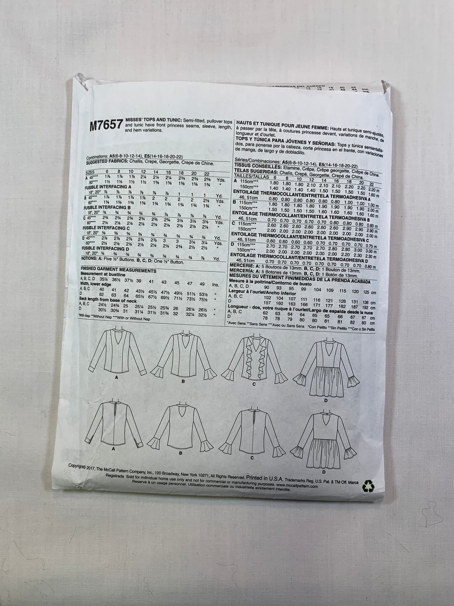 McCall's M7657 Misses' Tops, Tunics, Size 6-14, Cut, 2017