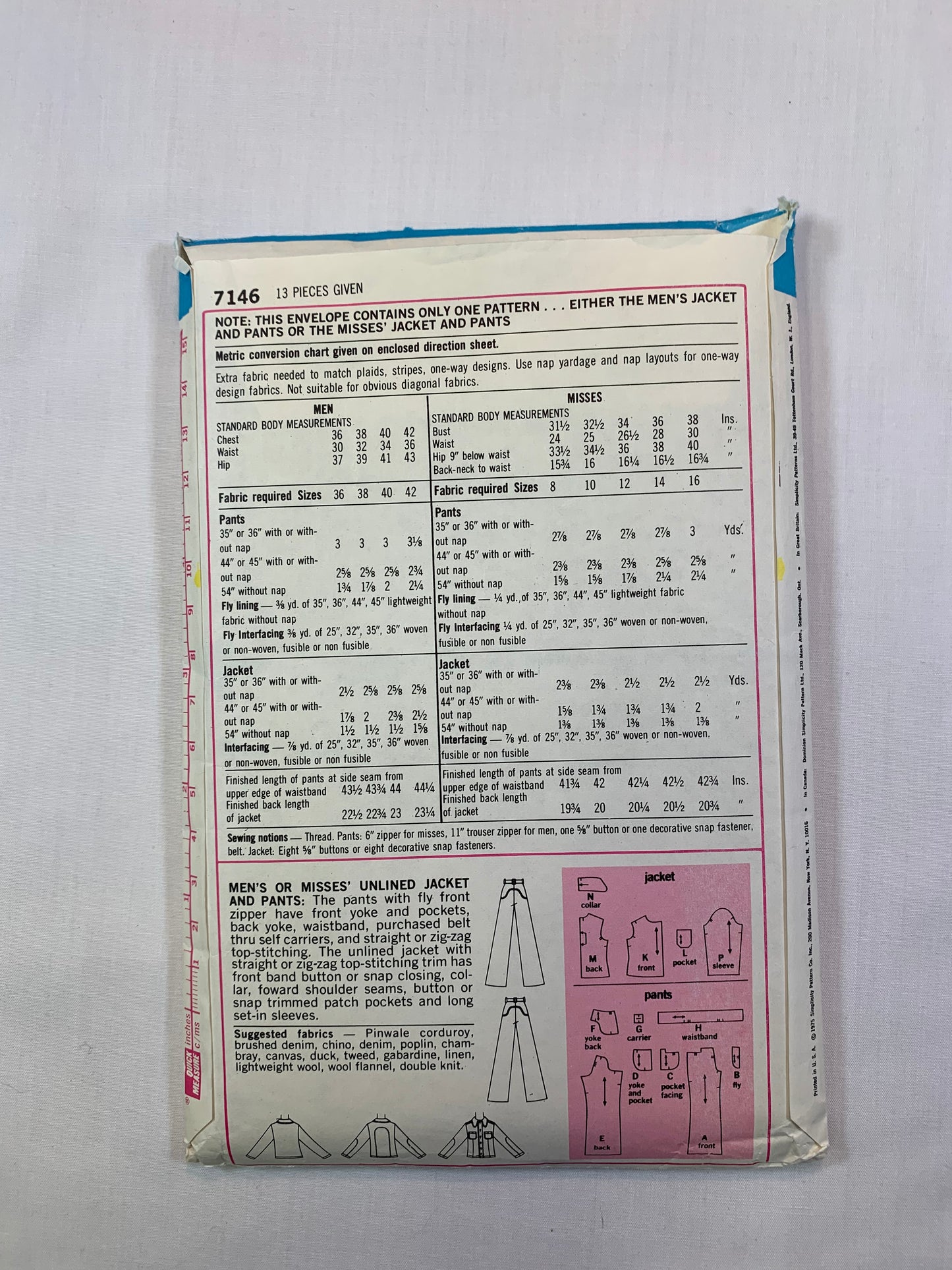 Simplicity 7146 Misses' Unlined Jacket, Pants, Size 14, Cut, Vintage 1975