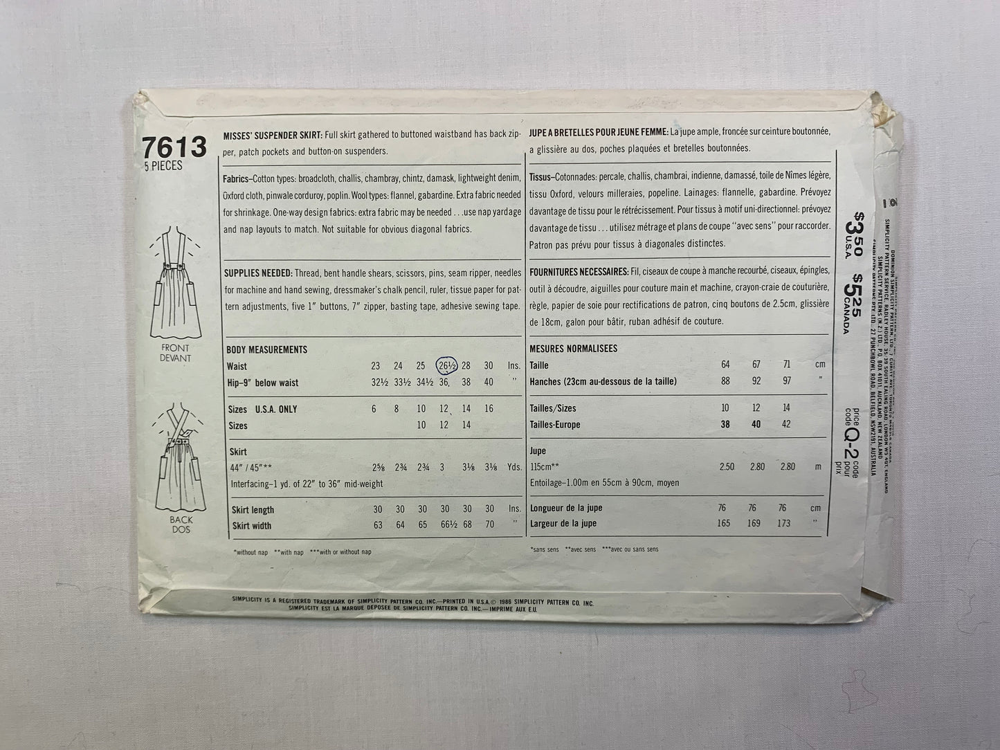 Simplicity 7613 Misses' Suspender Skirt, Size 10, Cut, Vintage 1986
