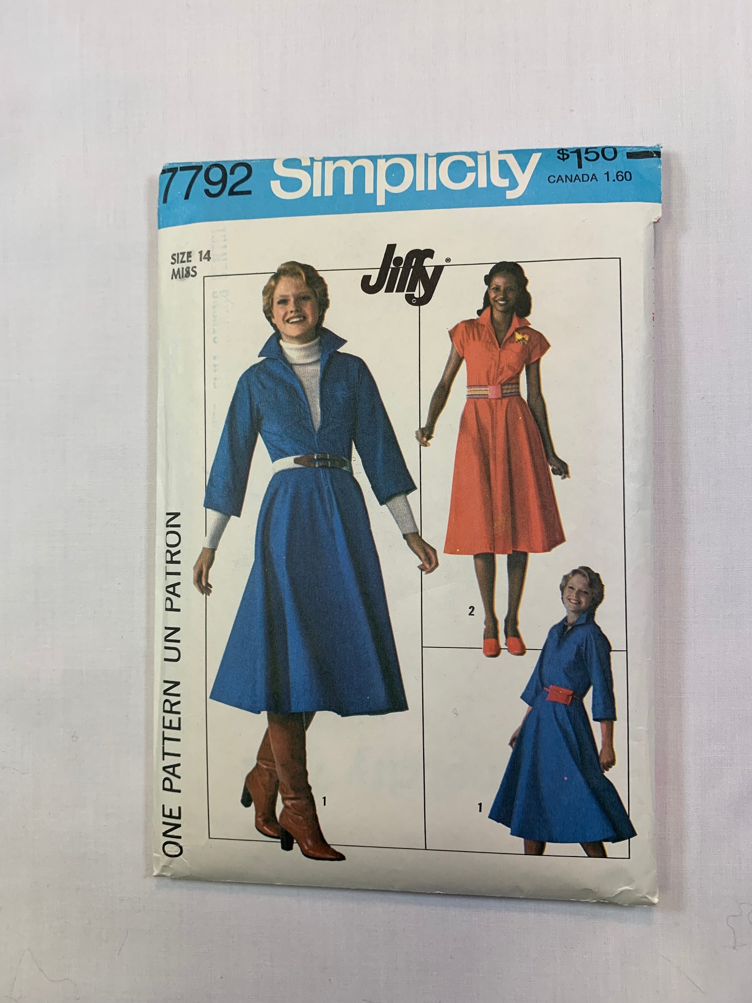 Simplicity 7792 Jiffy Misses' Dress, Size 14, Cut, Vintage 1976